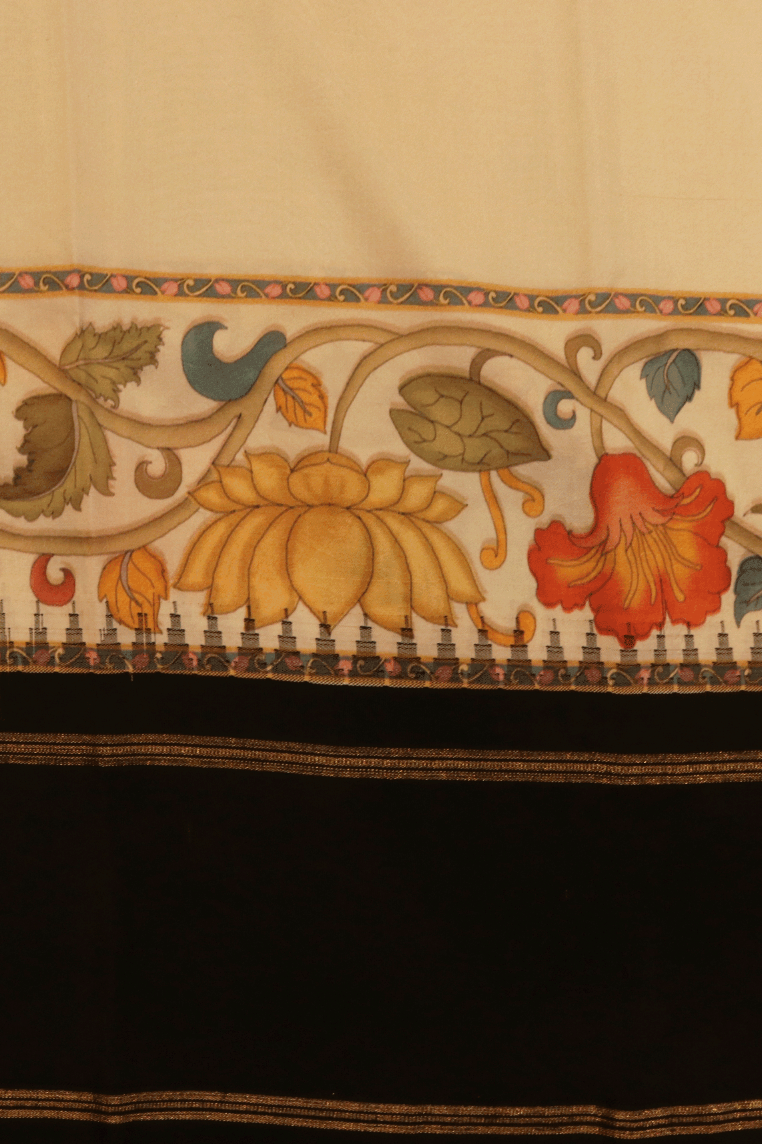 Off White Kanchipuram Silk Saree With Hand-Painted Floral Borders  Mokshaa