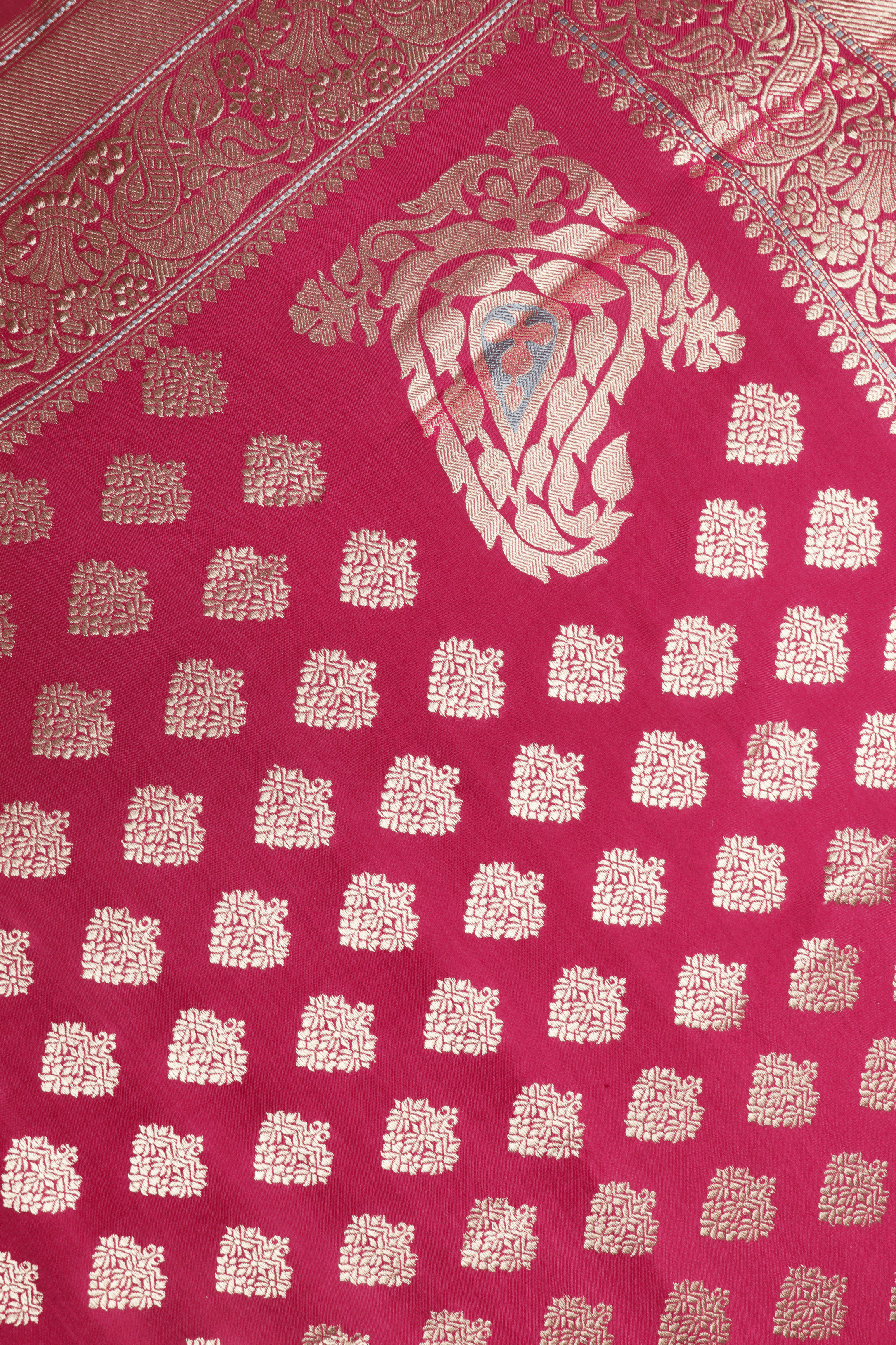 Red Banarasi Saree with Gold Zari Buttas  Mokshaa