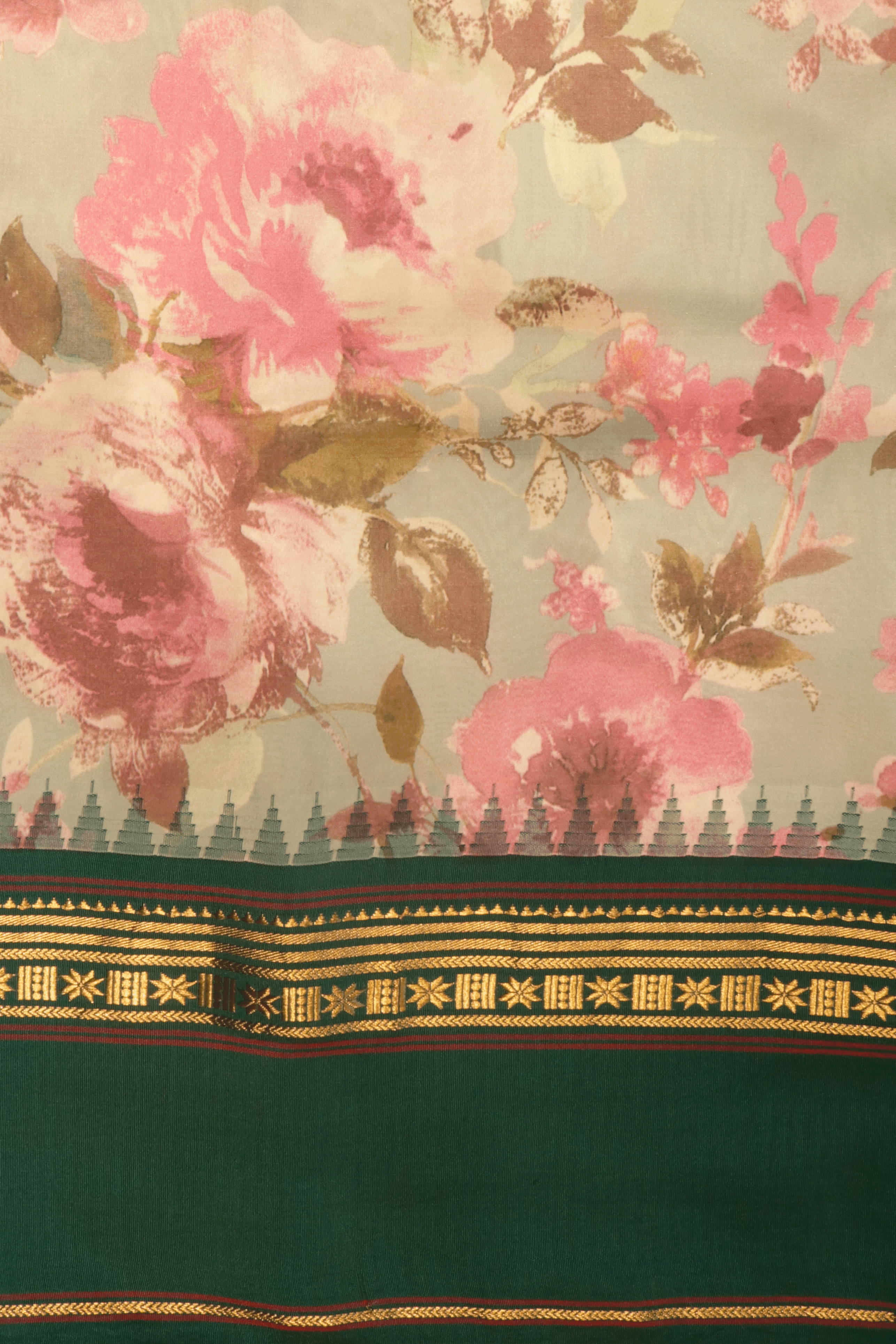 Mint Green Floral Printed Saree With Bottle Green Zari Border  Mokshaa