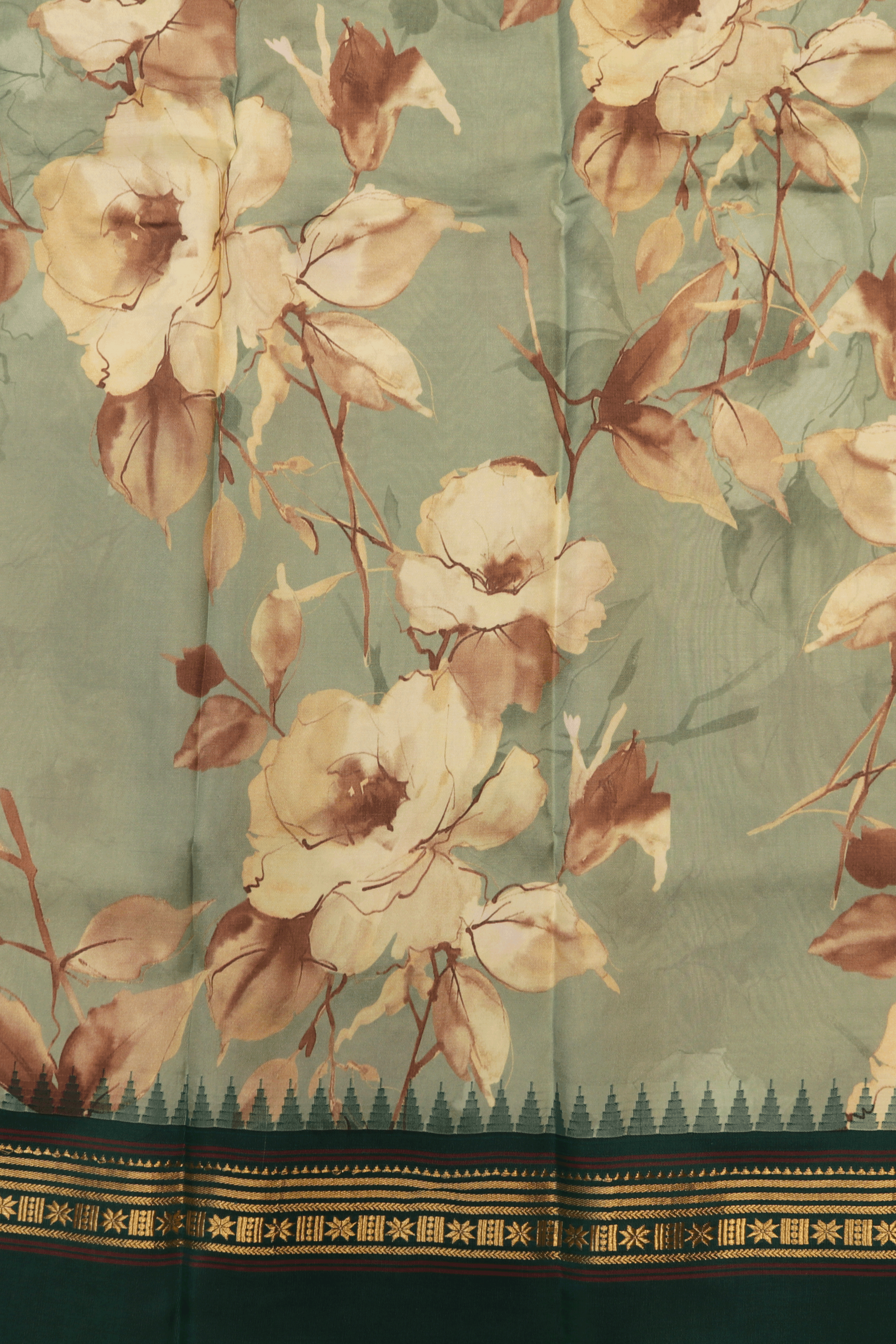 Dusty Sage Floral Printed Saree With Bottle Green Zari Border  Mokshaa