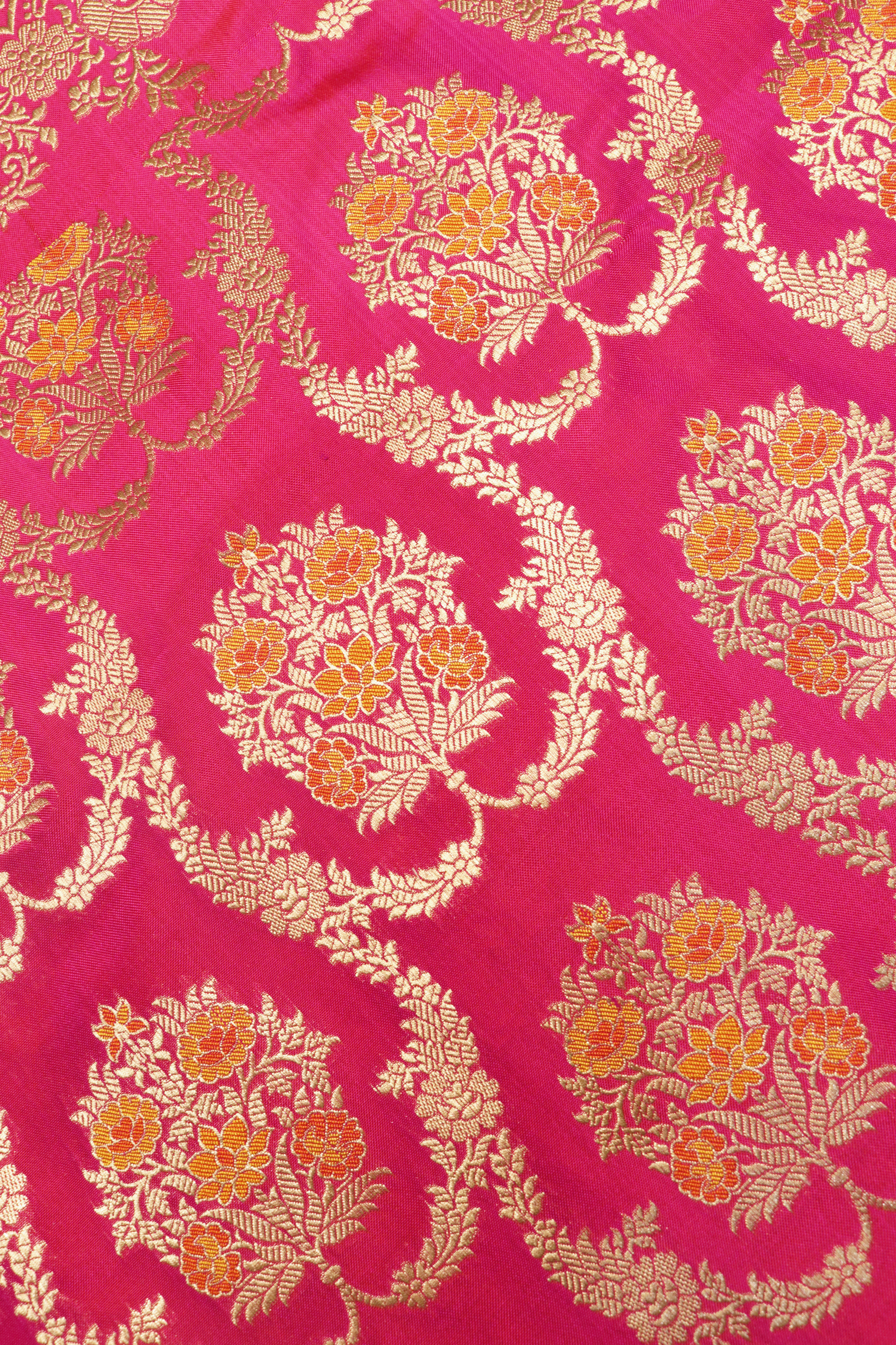 Rani Pink Banarasi Silk Saree with Gold Floral Brocade Mokshaa
