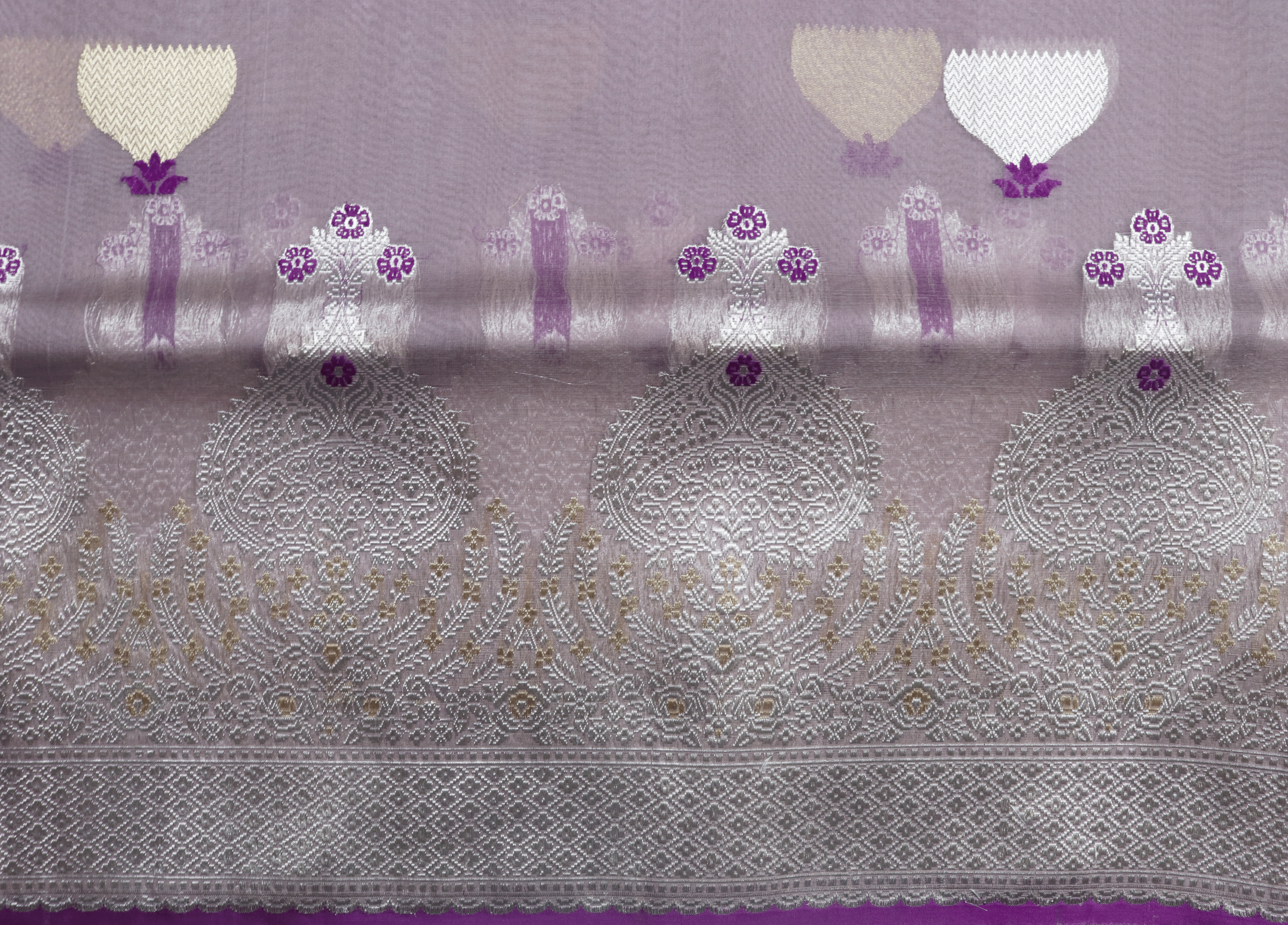 Lavender Banarasi Kora Saree with Silver Zari Border Mokshaa