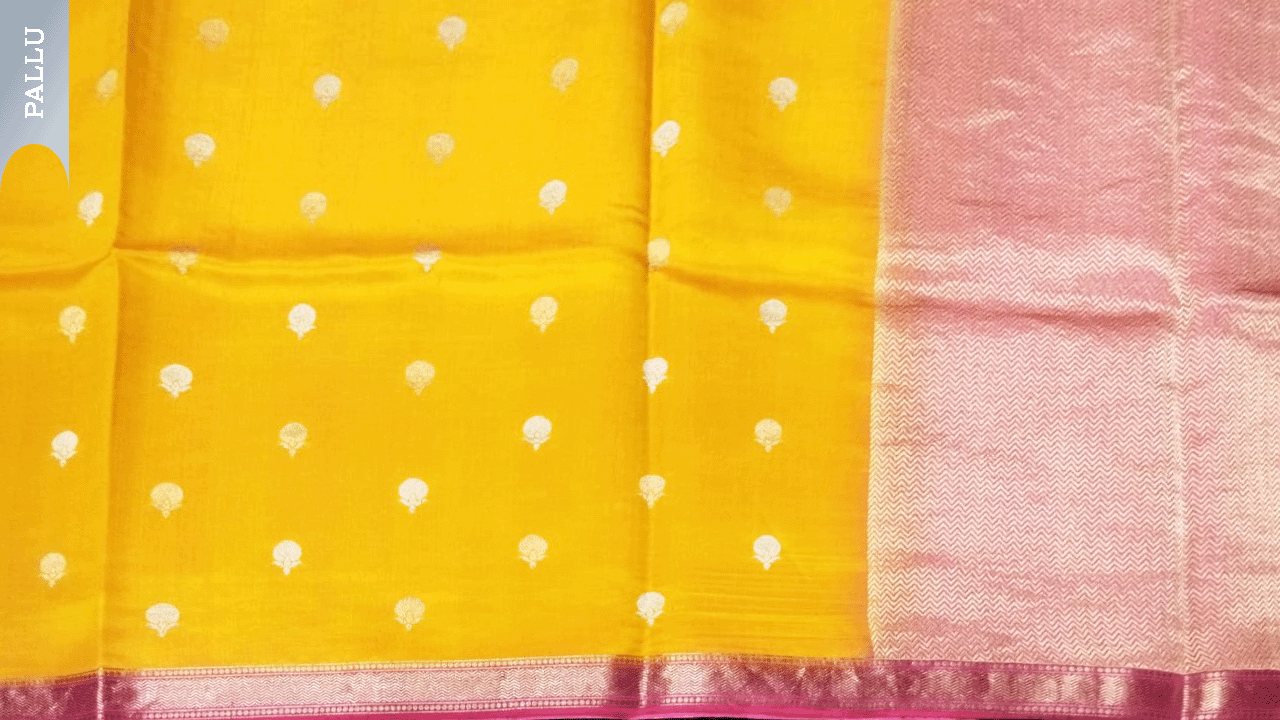 Mustard Yellow and Rani Pink Banarasi Chanderi Saree Mokshaa