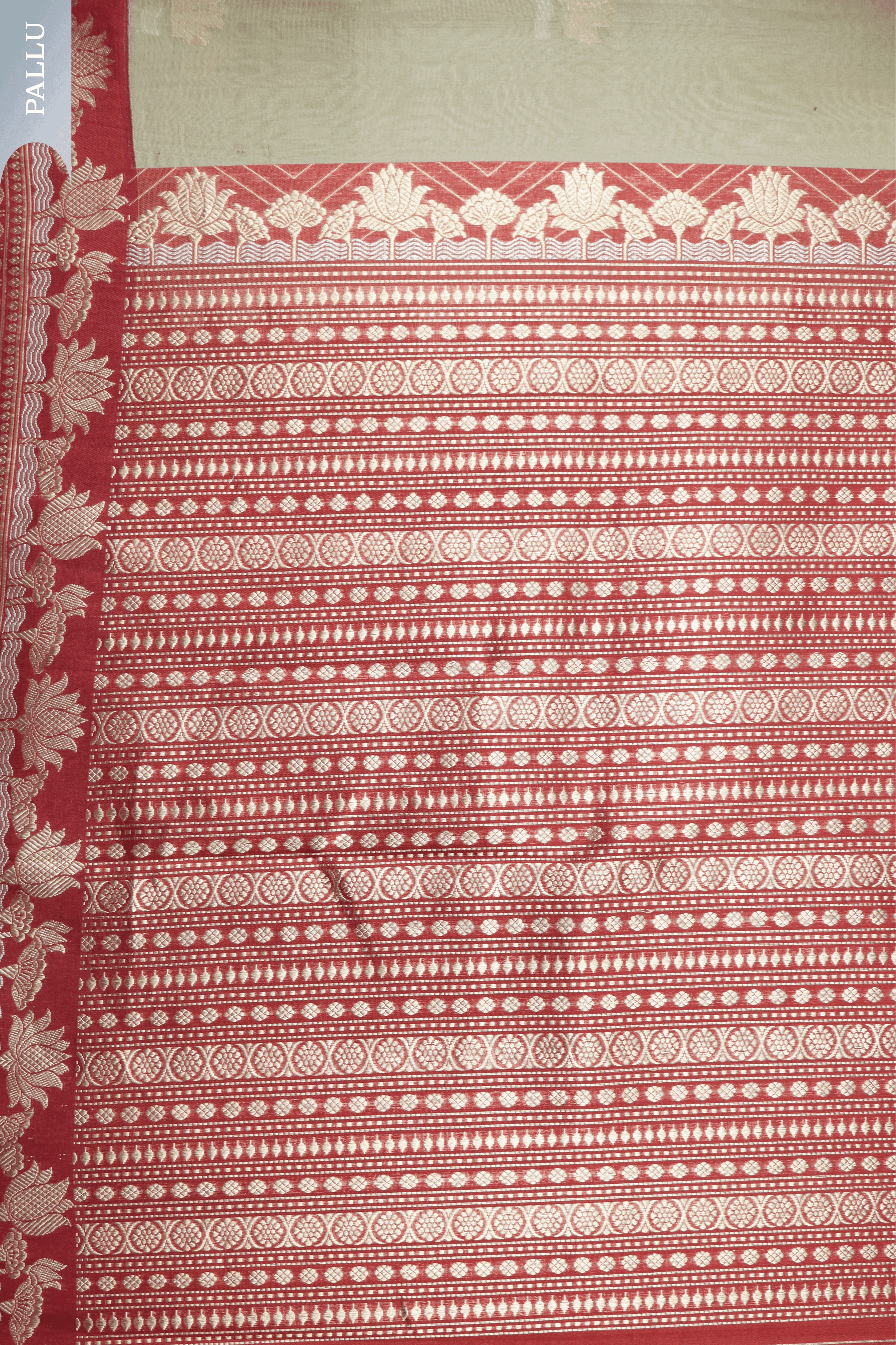 Olive Green Silk Kora Saree with Red Zari Lotus Border - Mokshaa