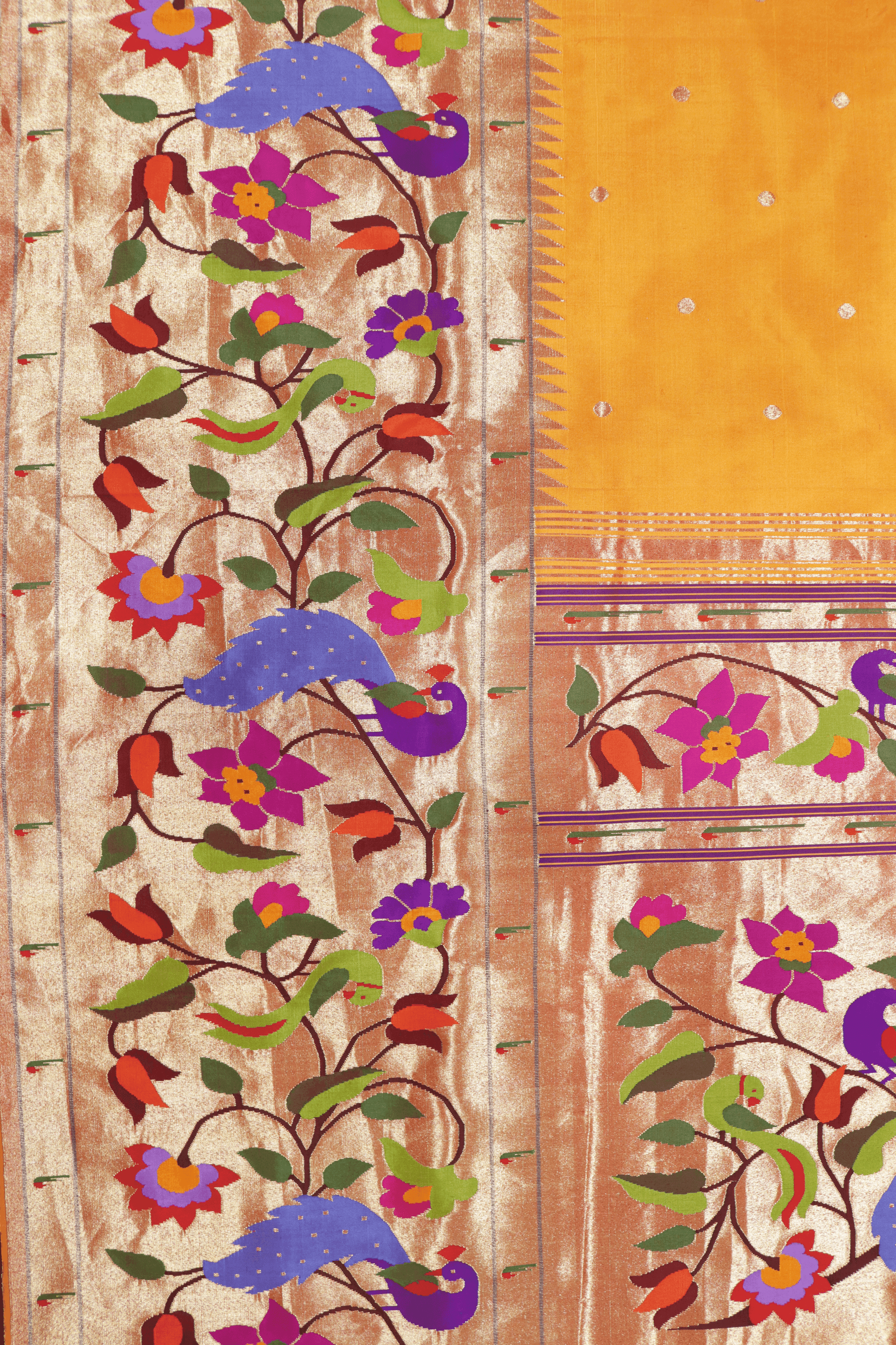 Yellow Paithani Silk Saree with Multicolour Peacock Motif Pallu Mokshaa
