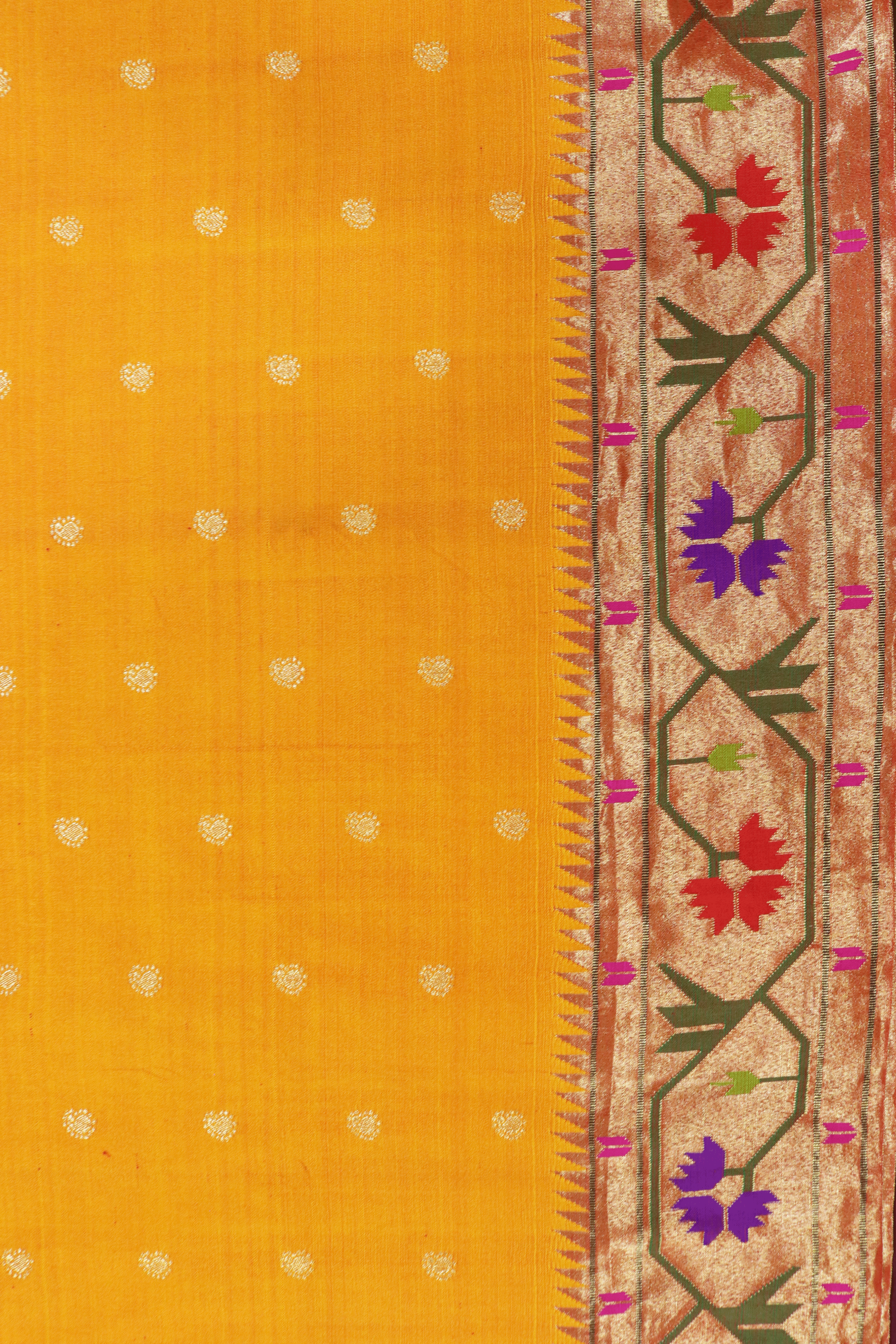 Sunset Orange Paithani Saree with Gold Zari and Lotus Motif Border Mokshaa