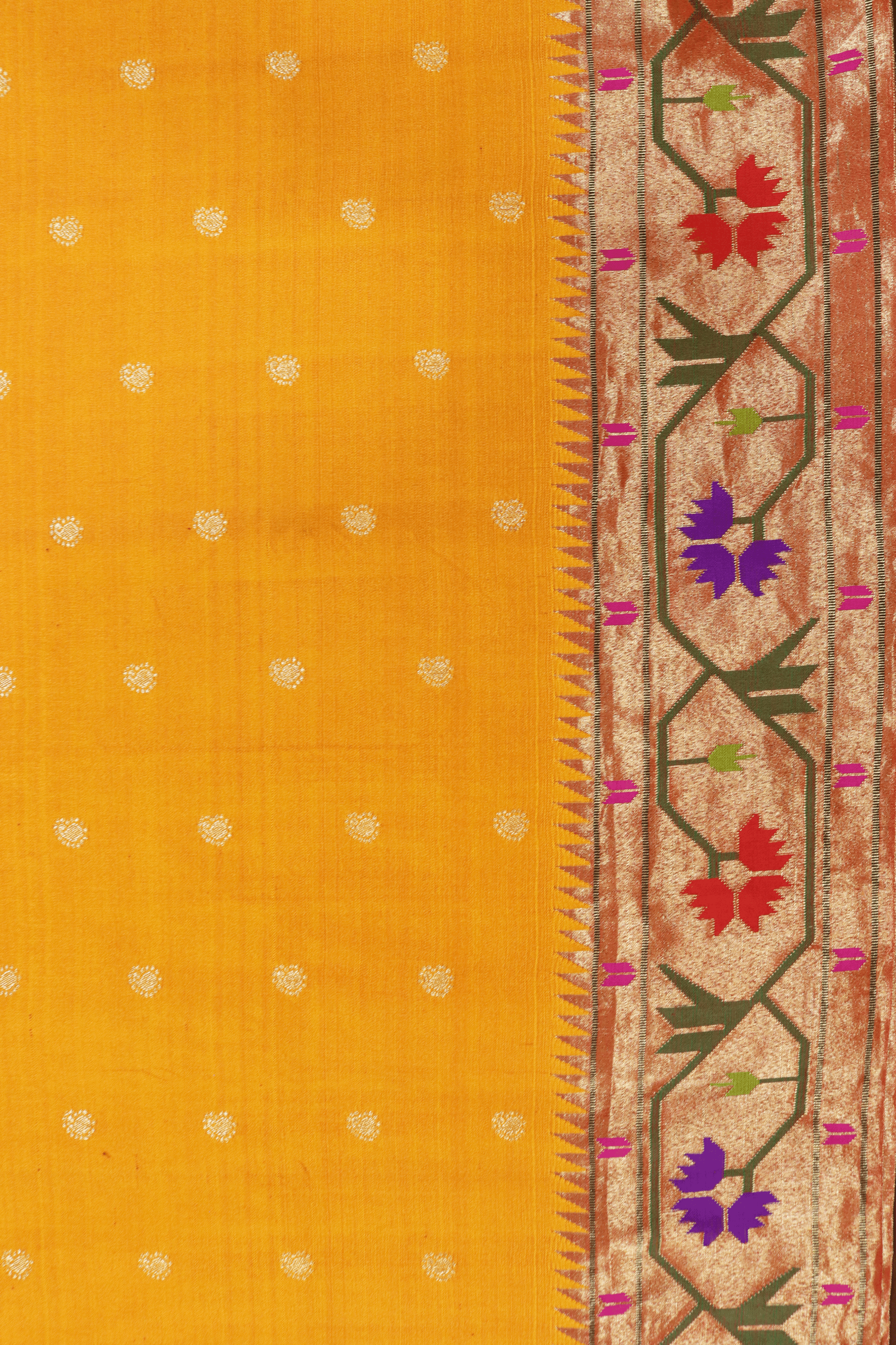 Sunset Orange Paithani Saree with Gold Zari and Lotus Motif Border Mokshaa