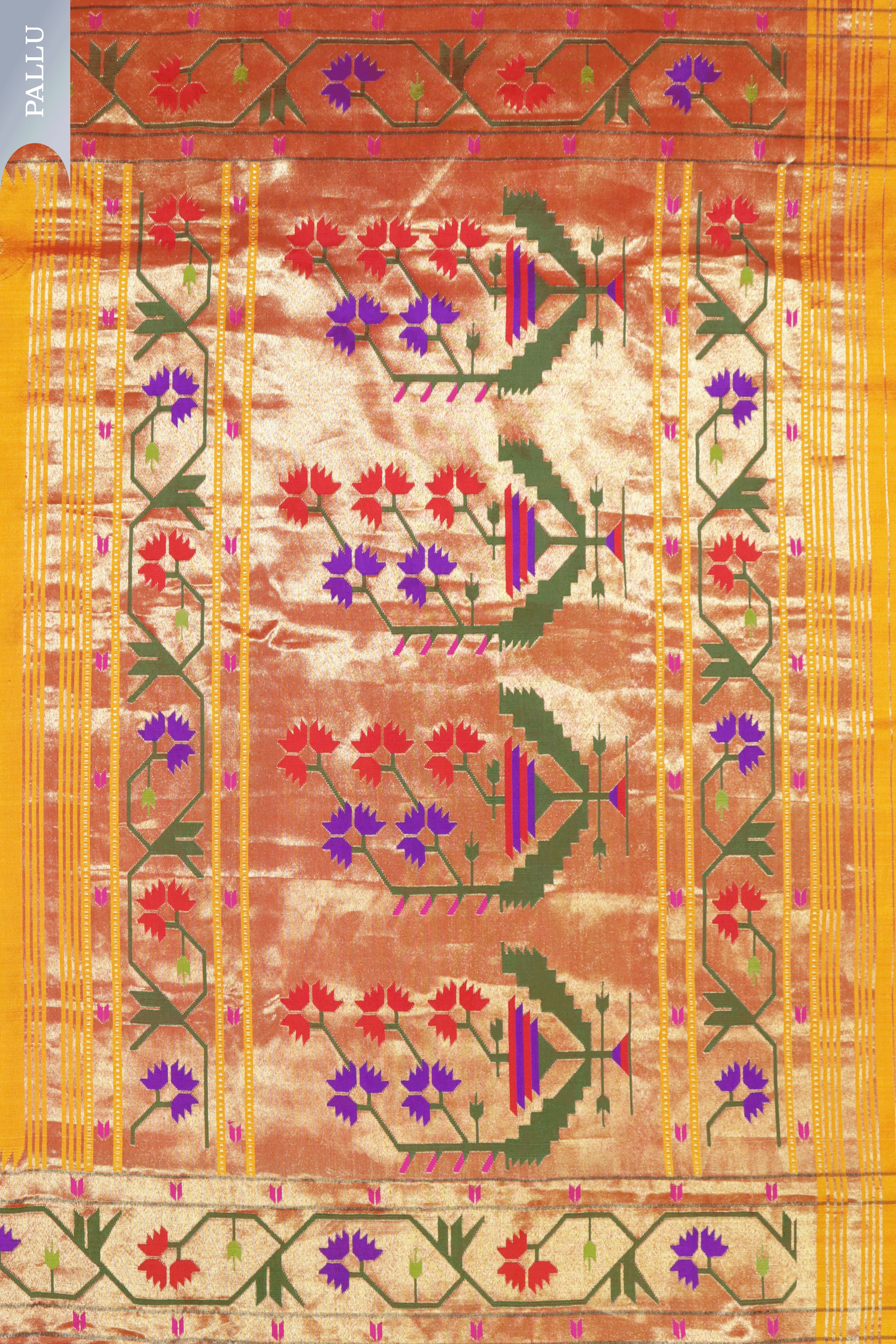 Sunset Orange Paithani Saree with Gold Zari and Lotus Motif Border Mokshaa