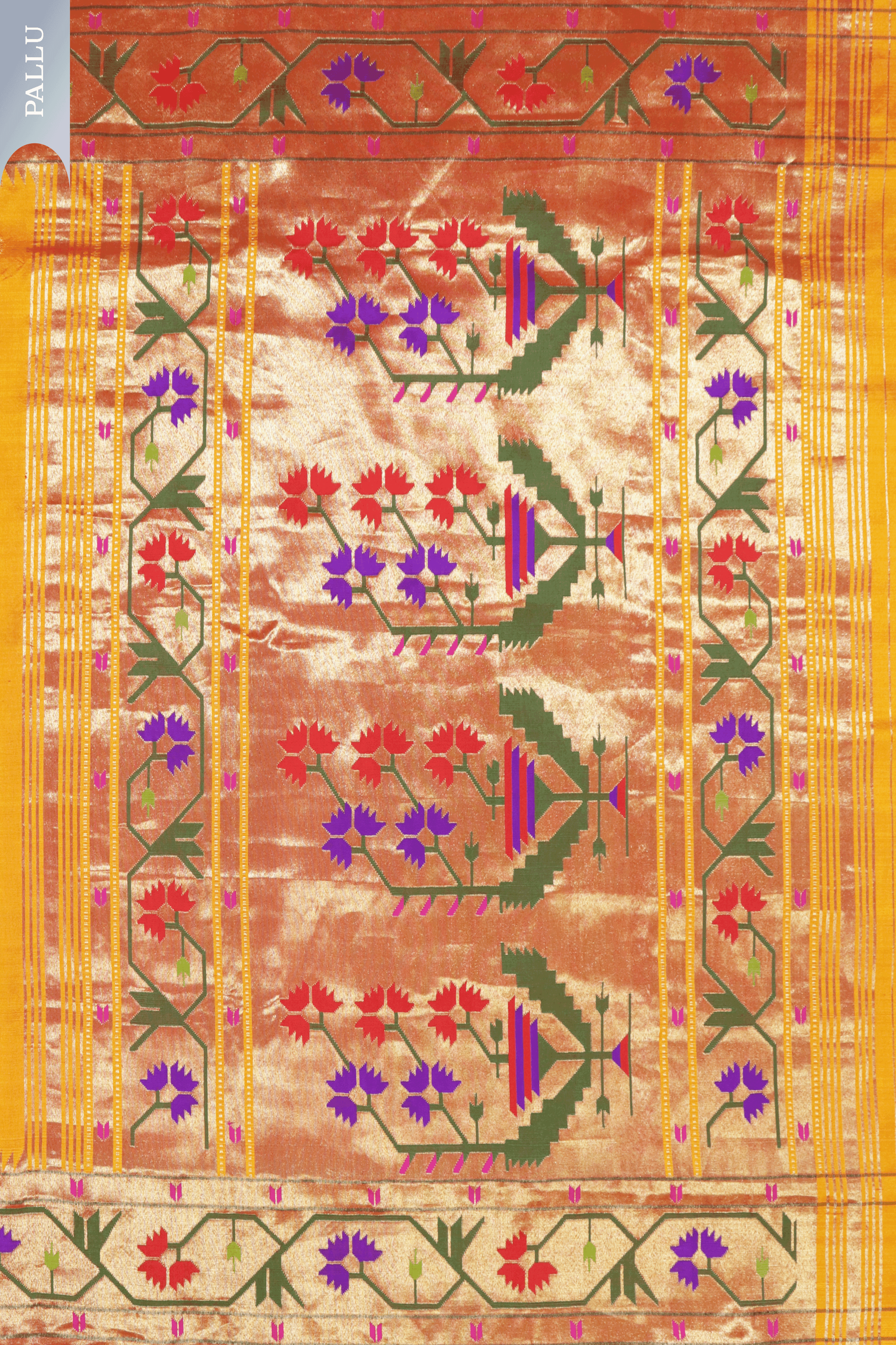 Sunset Orange Paithani Saree with Gold Zari and Lotus Motif Border Mokshaa