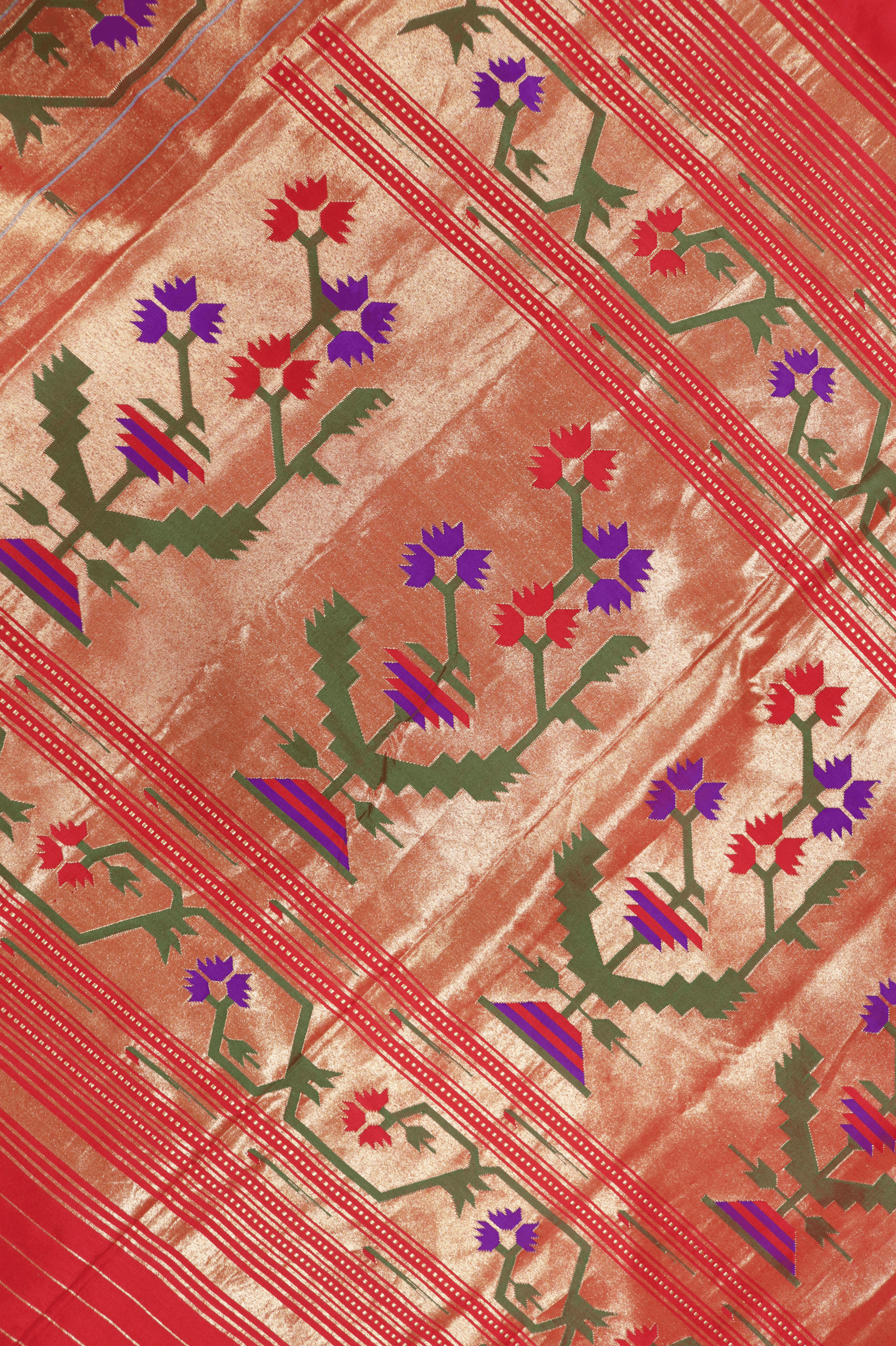 Classic Red Paithani Saree with Gold Zari and Lotus Motifs Mokshaa