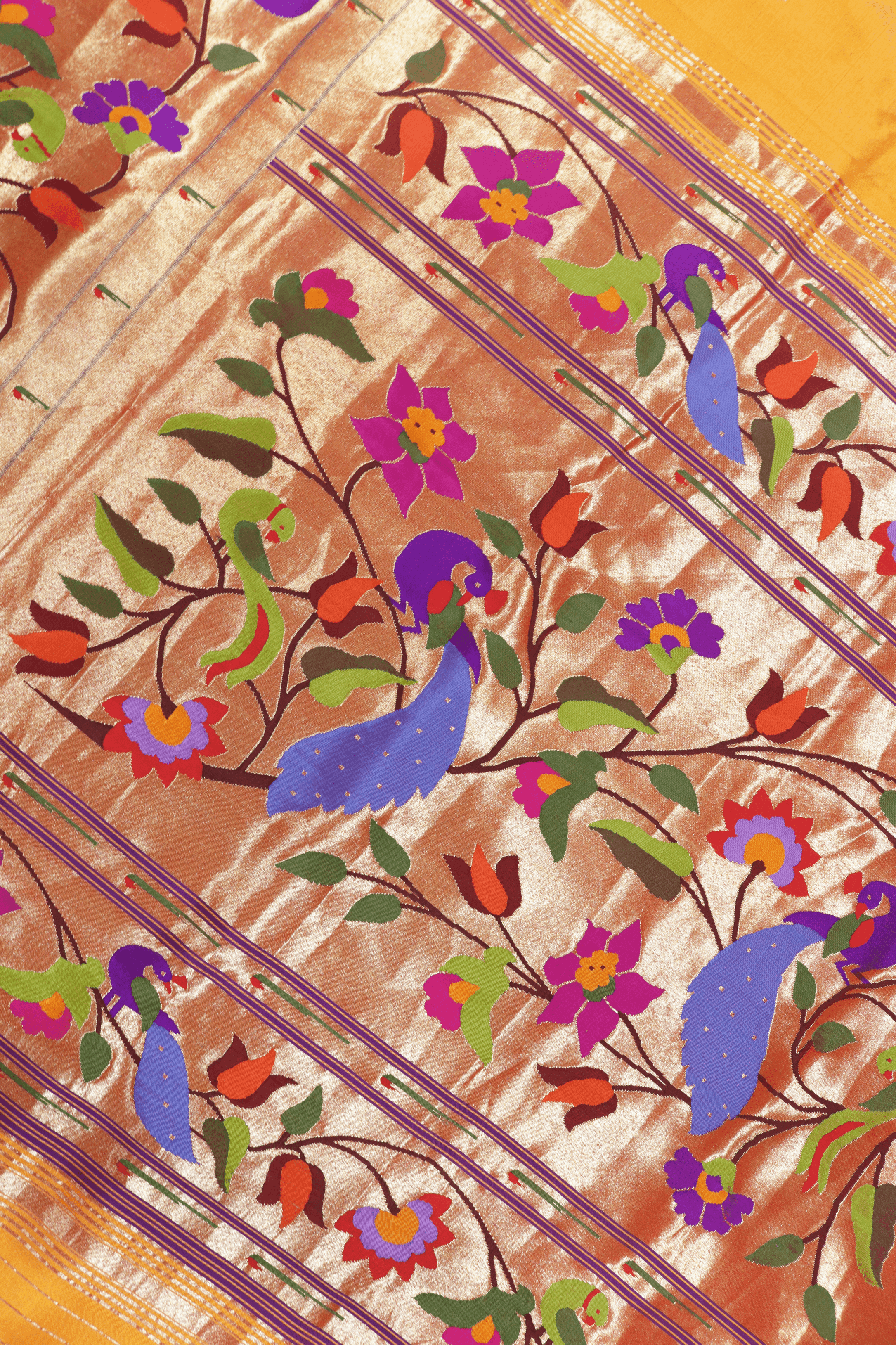 Yellow Paithani Silk Saree with Multicolour Peacock Motif Pallu Mokshaa