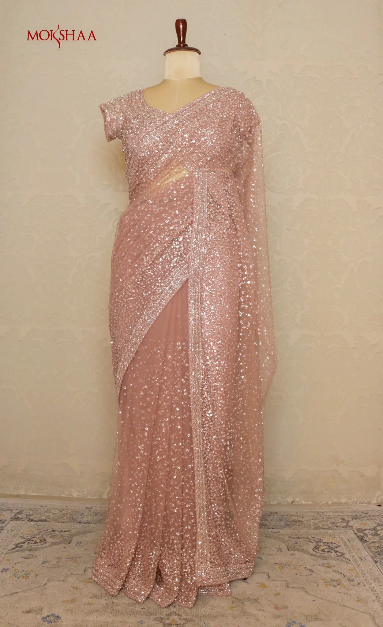 Blush Mauve Sequins Net Saree | Mokshaa