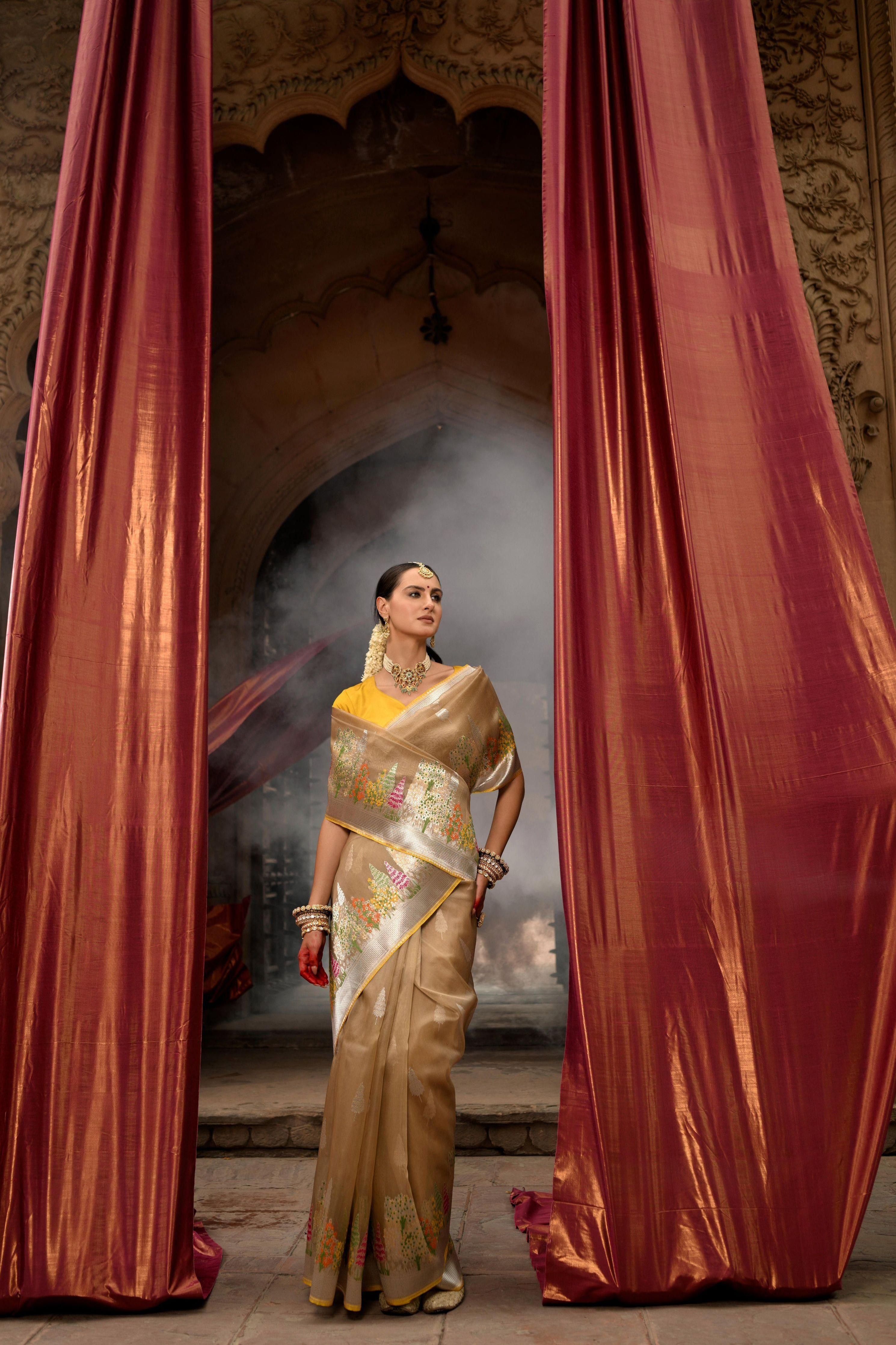 Gold Beige Banarasi Kora Silk Saree - Mokshaa