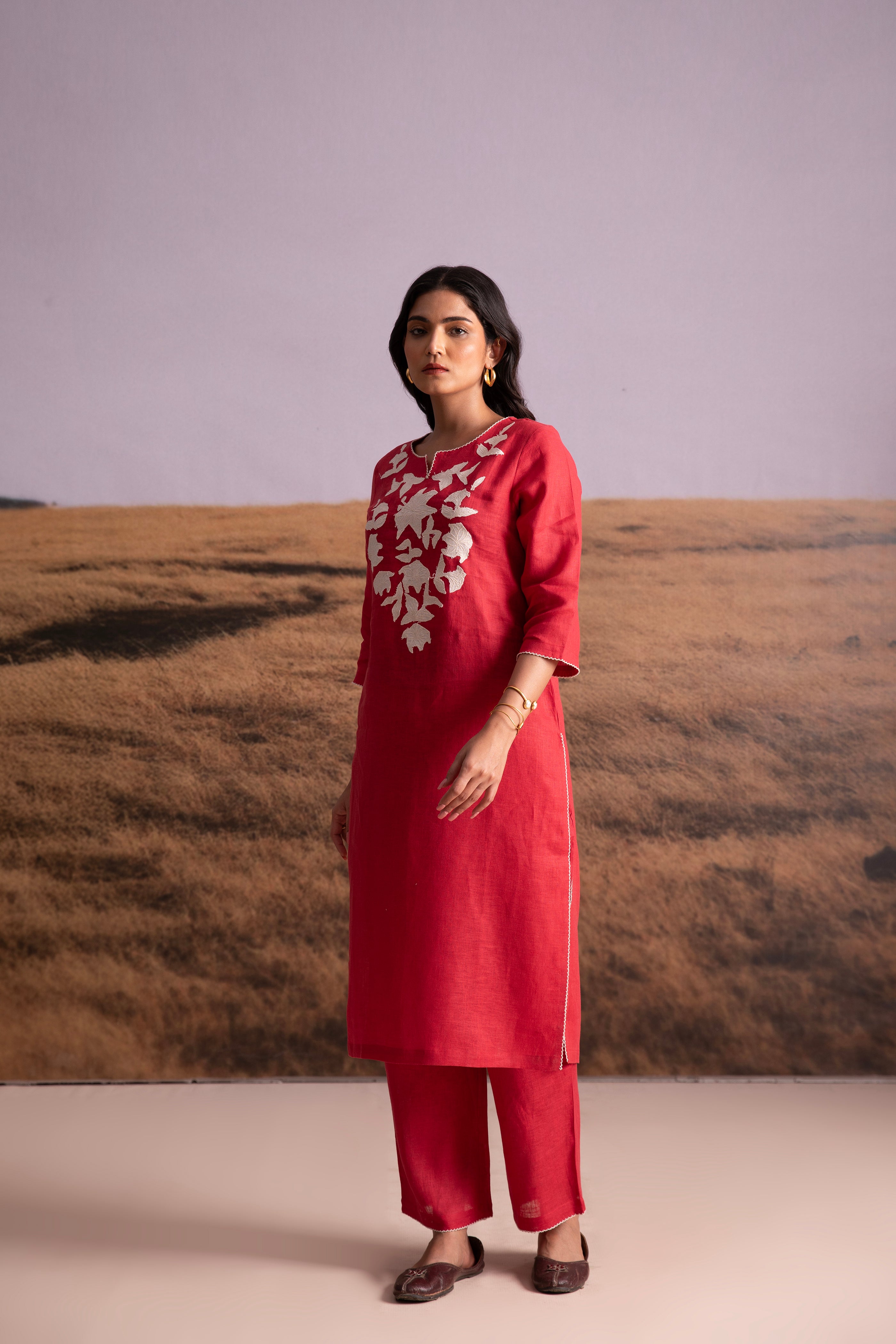 Pure Hemp Applique Red Kurta Set - Mokshaa
