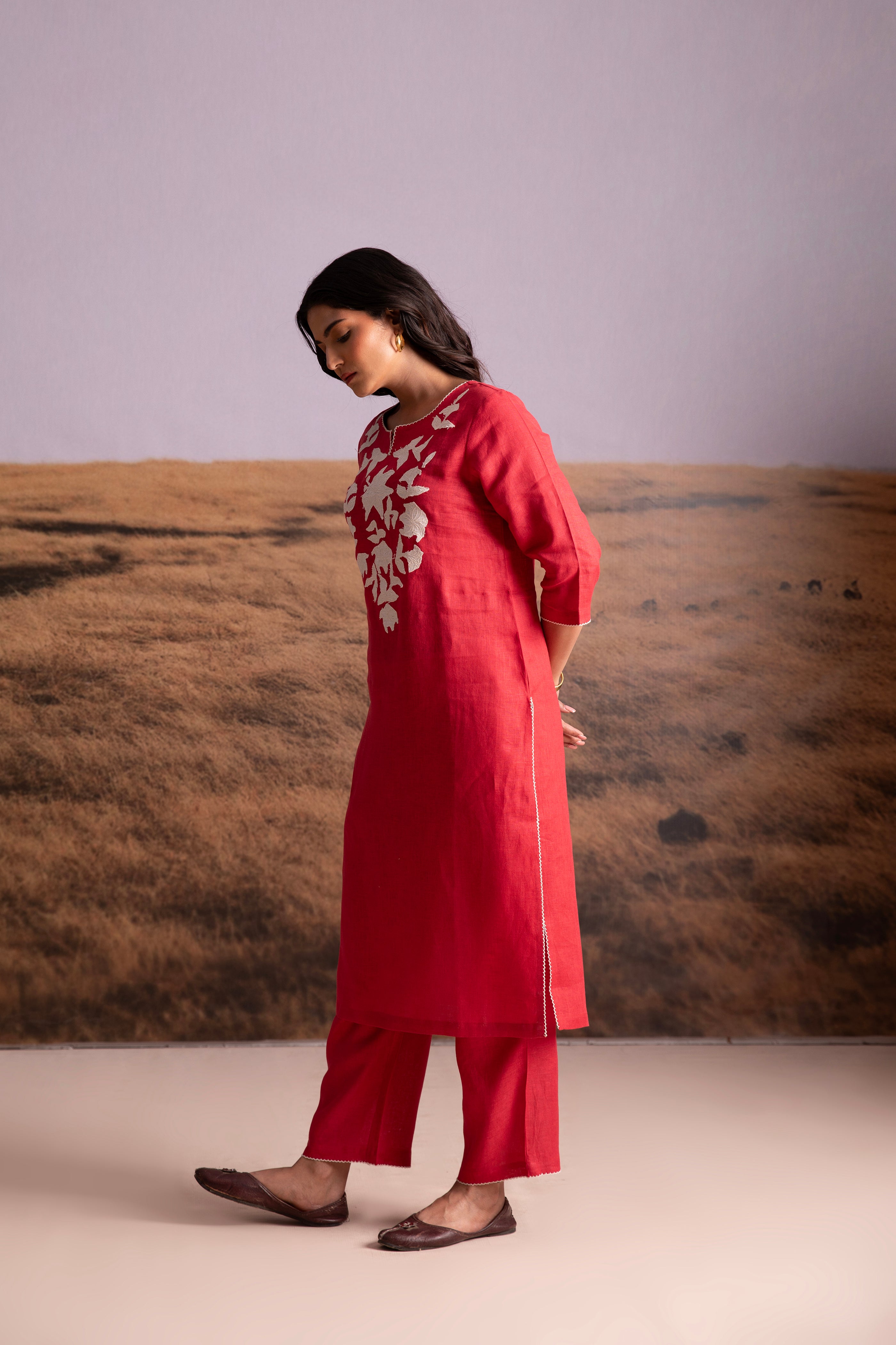Pure Hemp Applique Red Kurta Set - Mokshaa