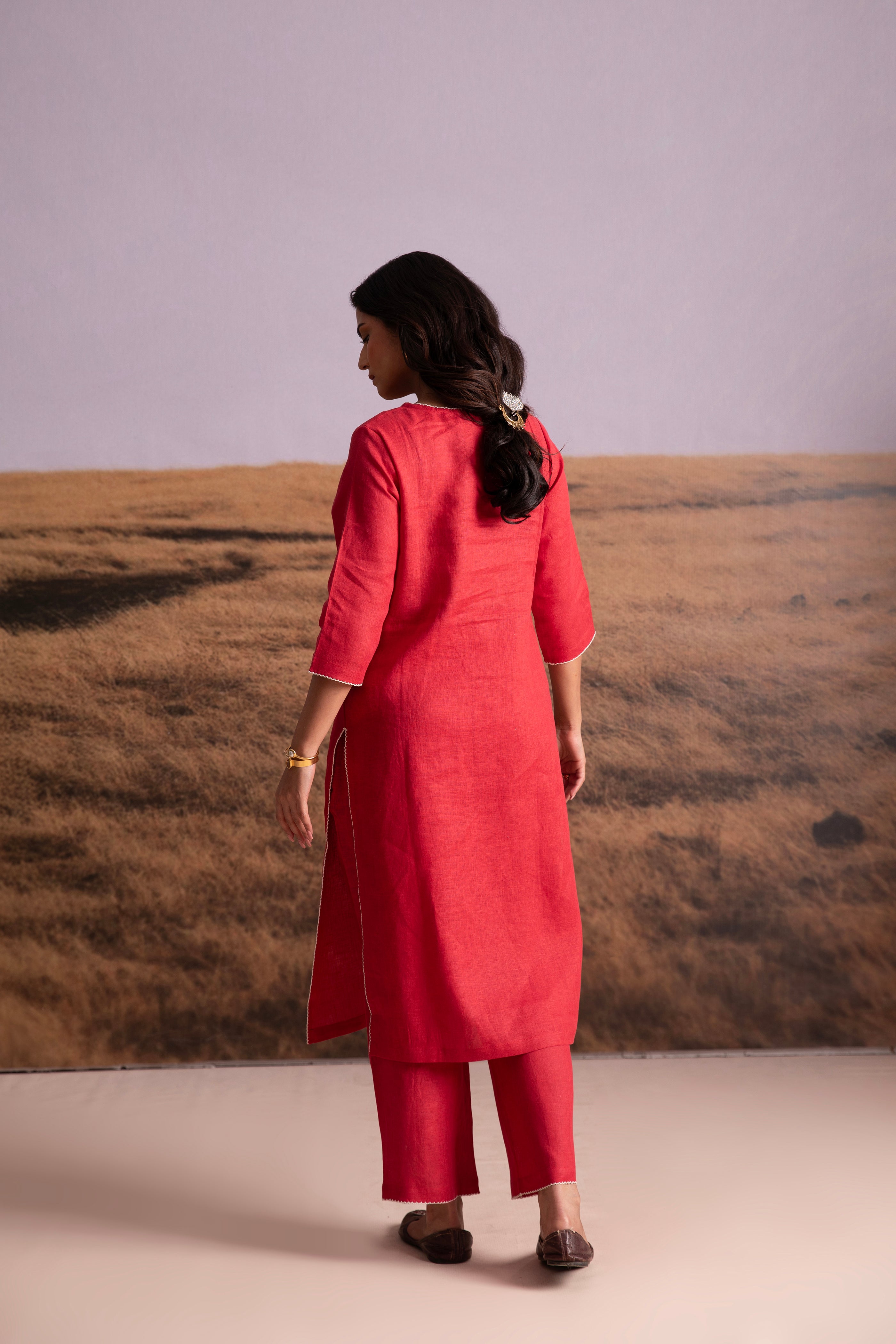 Pure Hemp Applique Red Kurta Set - Mokshaa