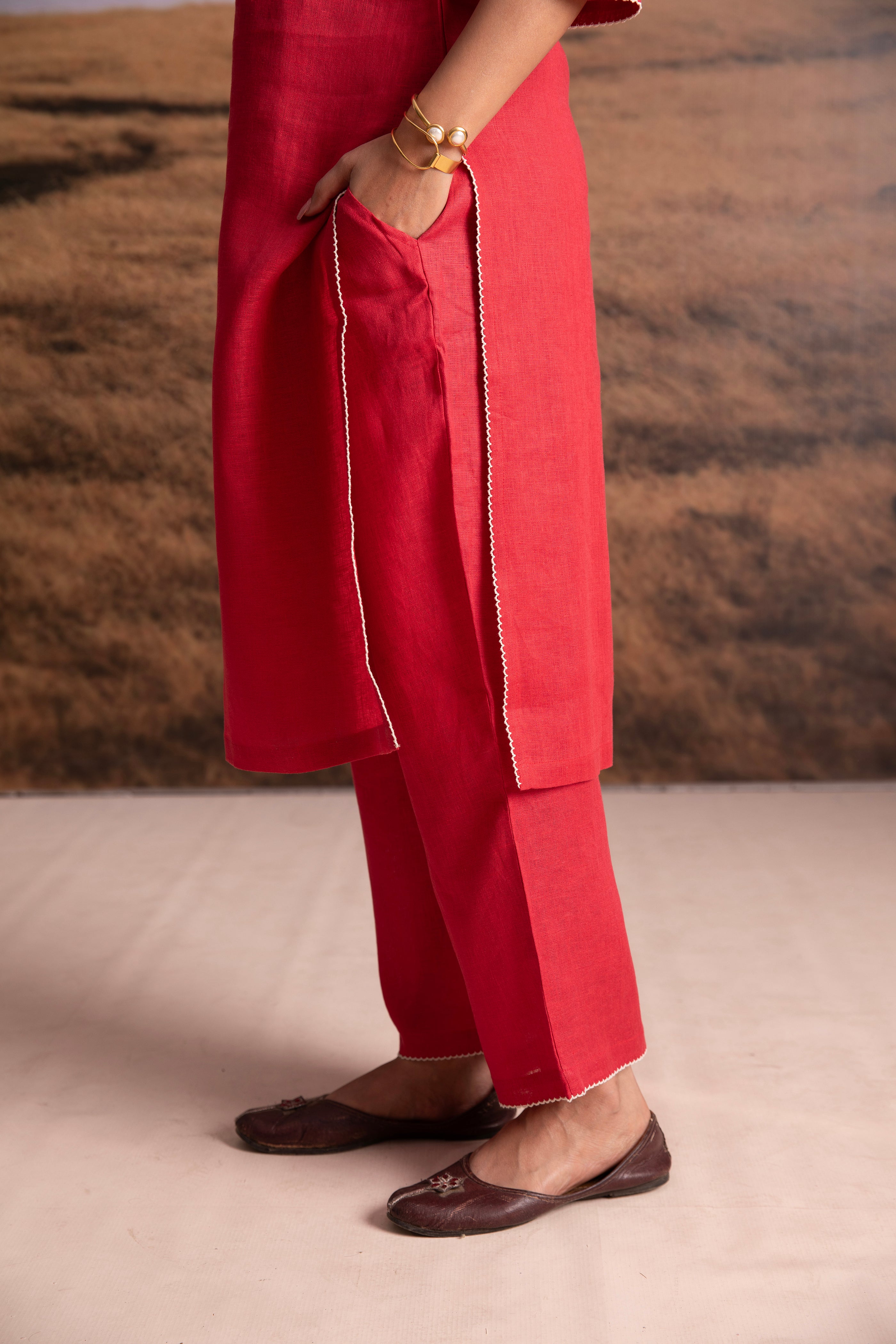 Pure Hemp Applique Red Kurta Set - Mokshaa