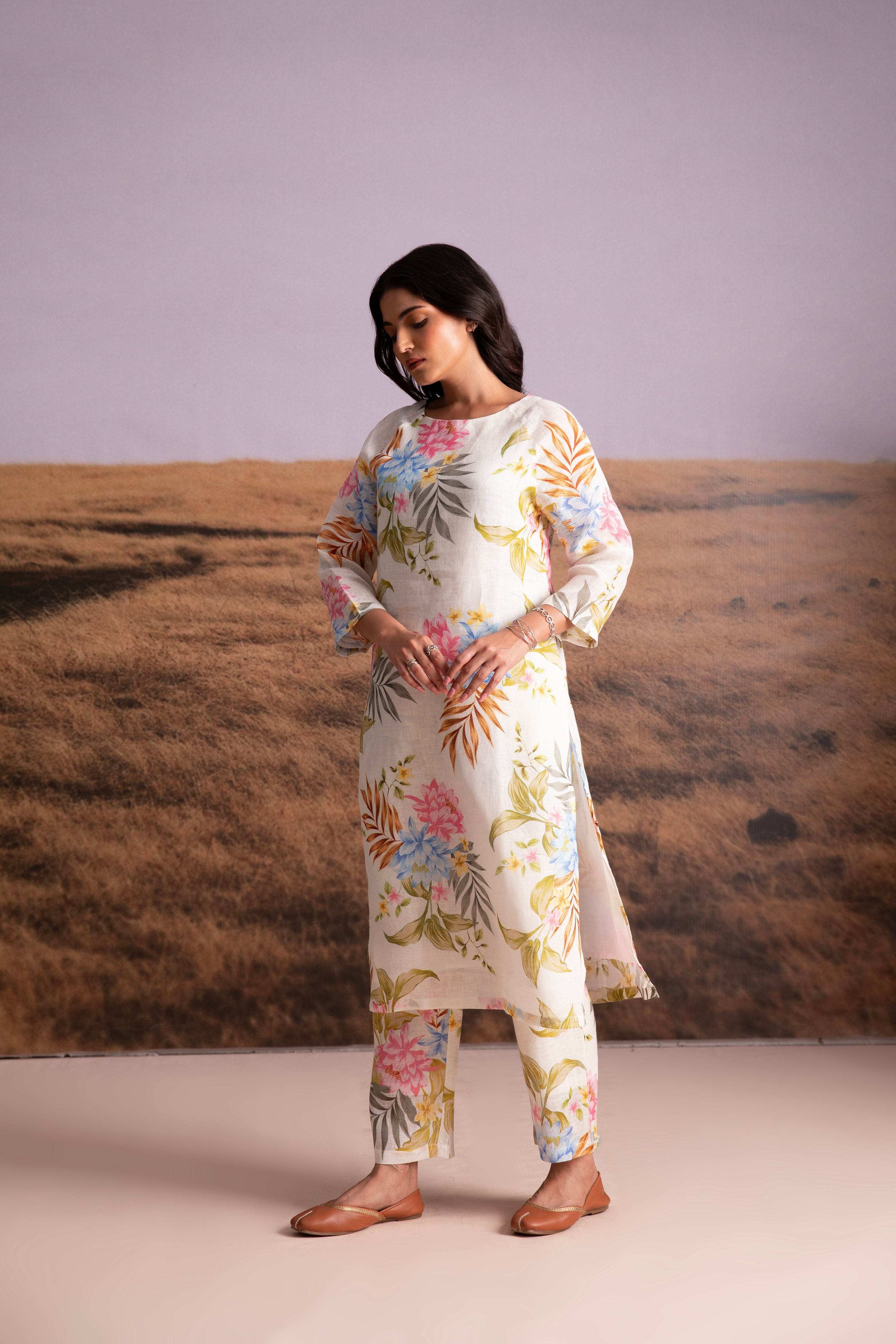 Pure Hemp White Floral Kurta Set - Mokshaa