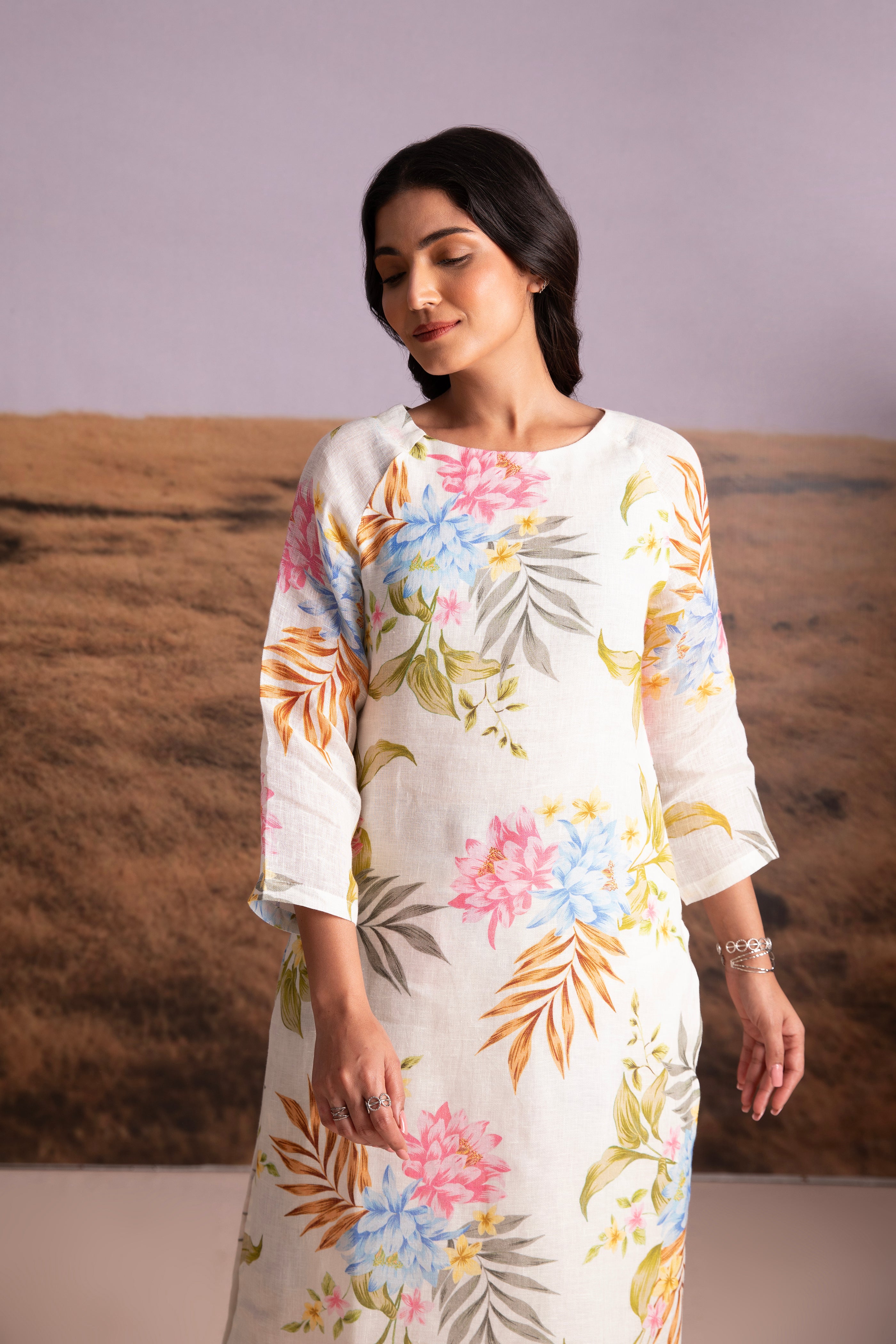 Pure Hemp White Floral Kurta Set - Mokshaa