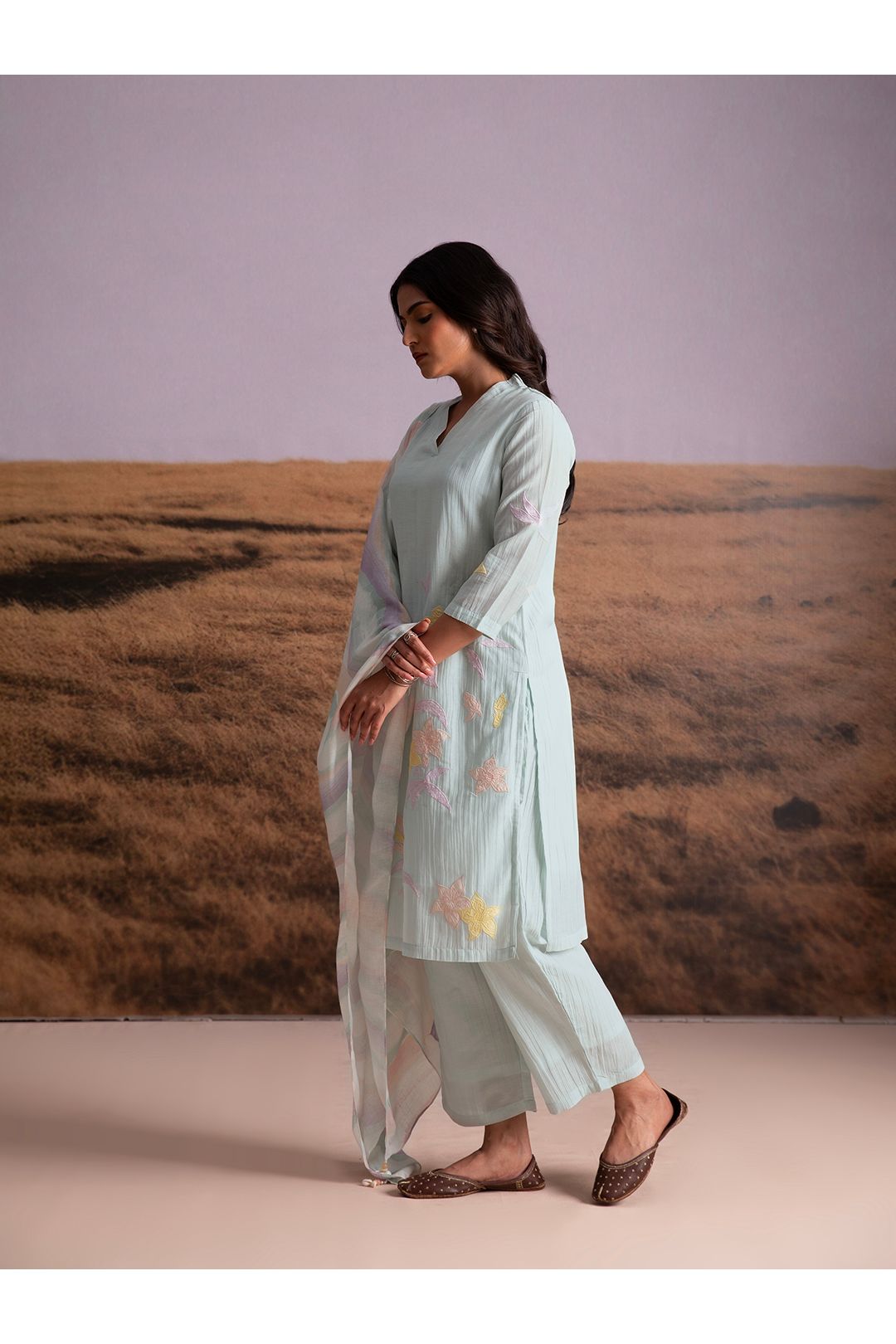 Crinkle Vegan Silk Applique Salwar Set- Artic Blue - Mokshaa