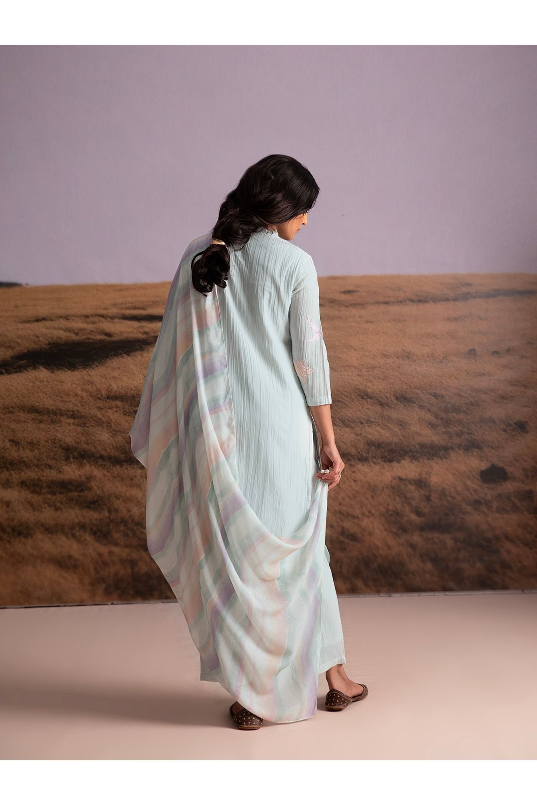 Crinkle Vegan Silk Applique Salwar Set- Artic Blue - Mokshaa