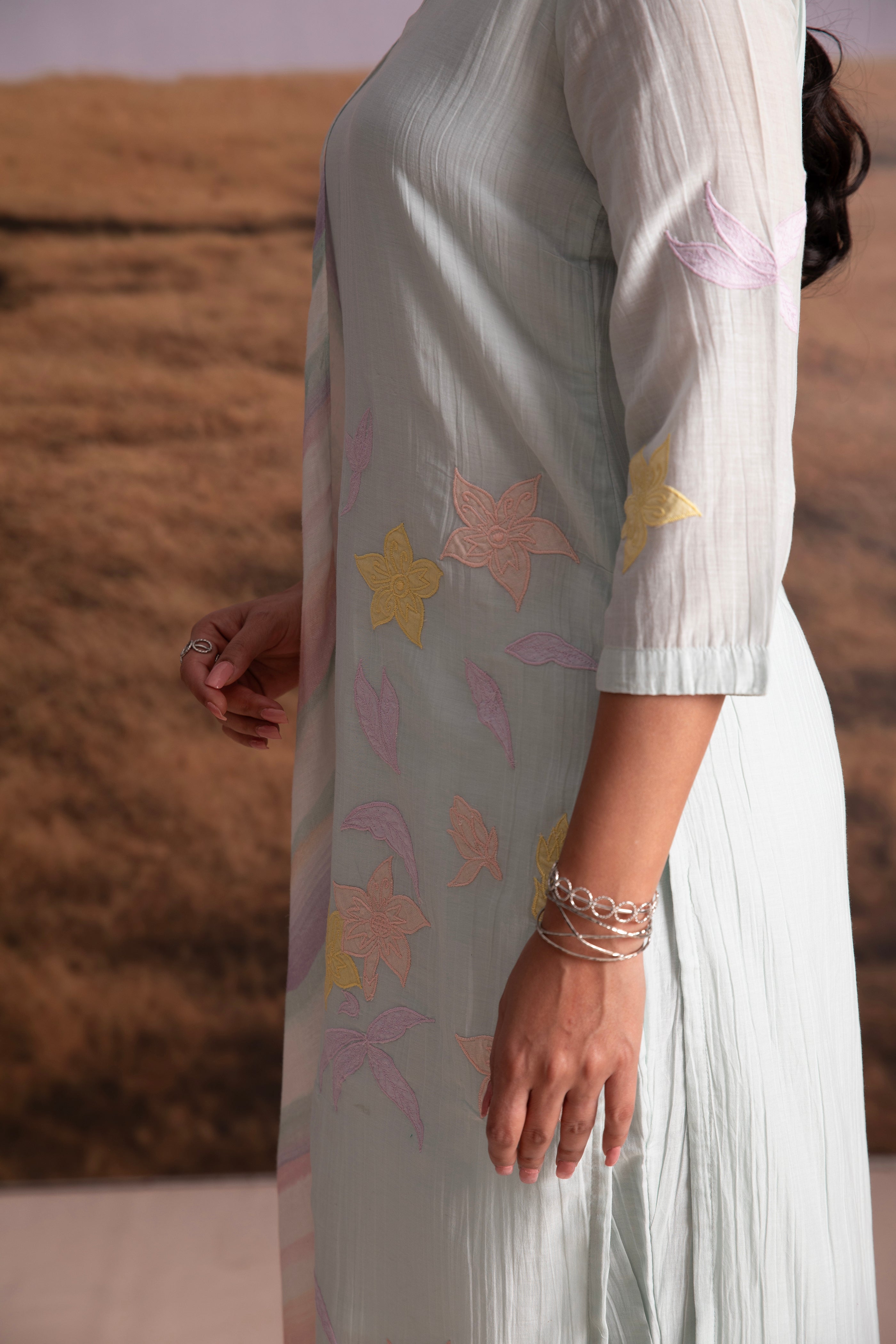 Crinkle Vegan Silk Applique Salwar Set- Artic Blue - Mokshaa