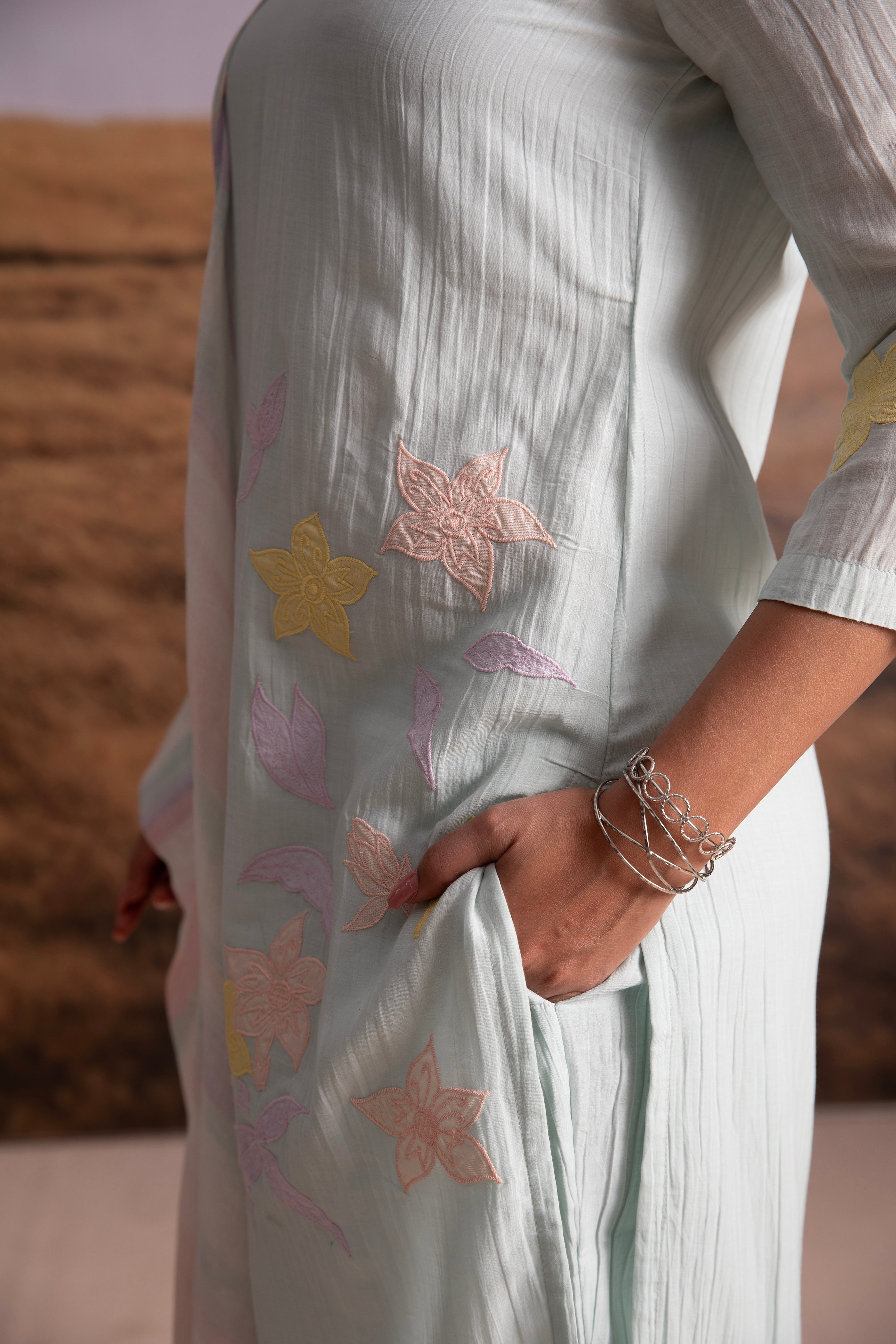 Crinkle Vegan Silk Applique Salwar Set- Artic Blue - Mokshaa