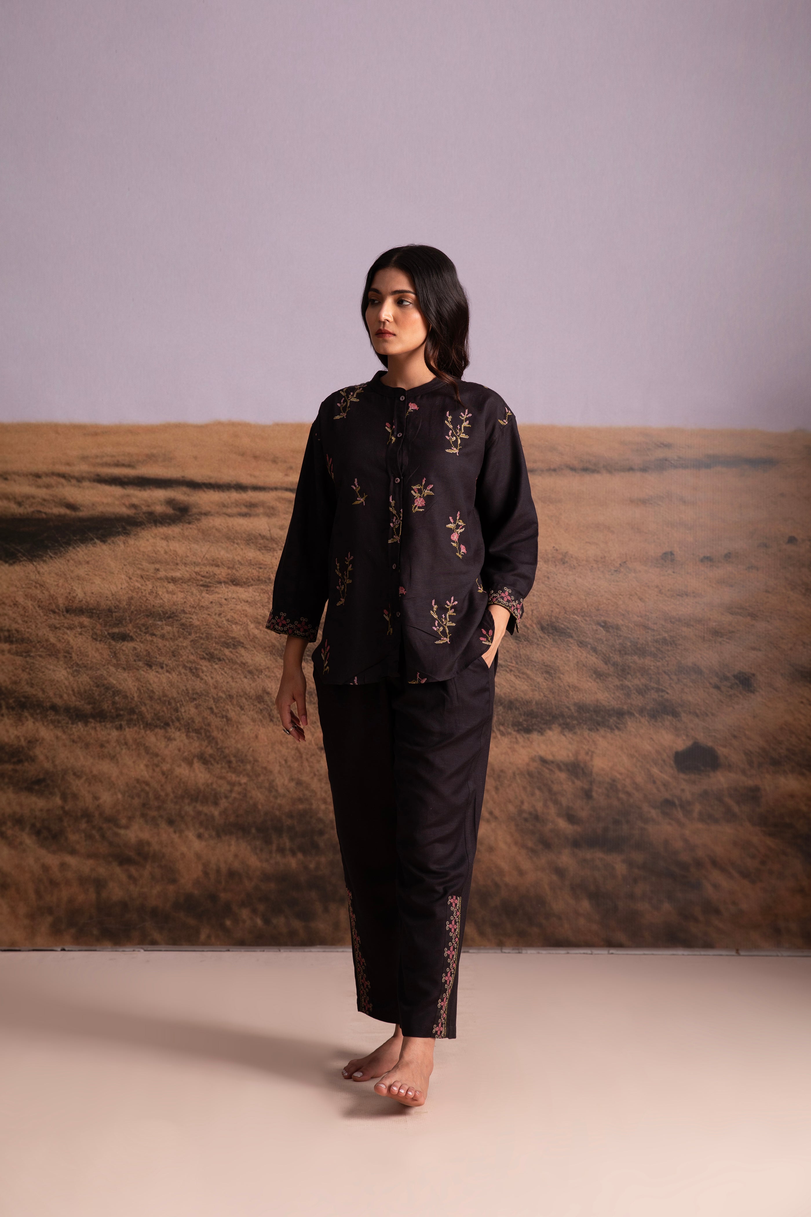 Cross-Stitch Linen Co-ord Set-Black - Mokshaa