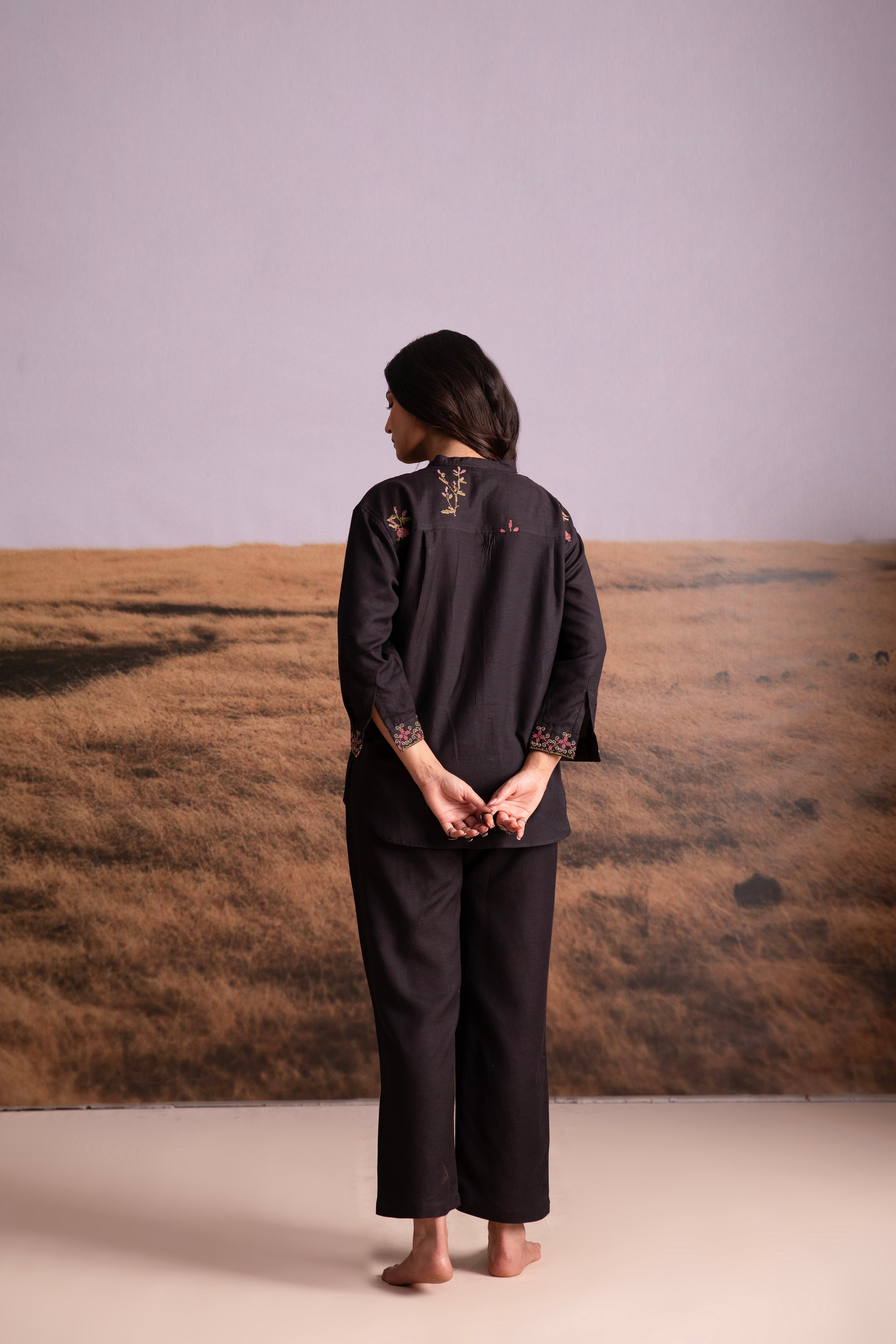 Cross-Stitch Linen Co-ord Set-Black - Mokshaa