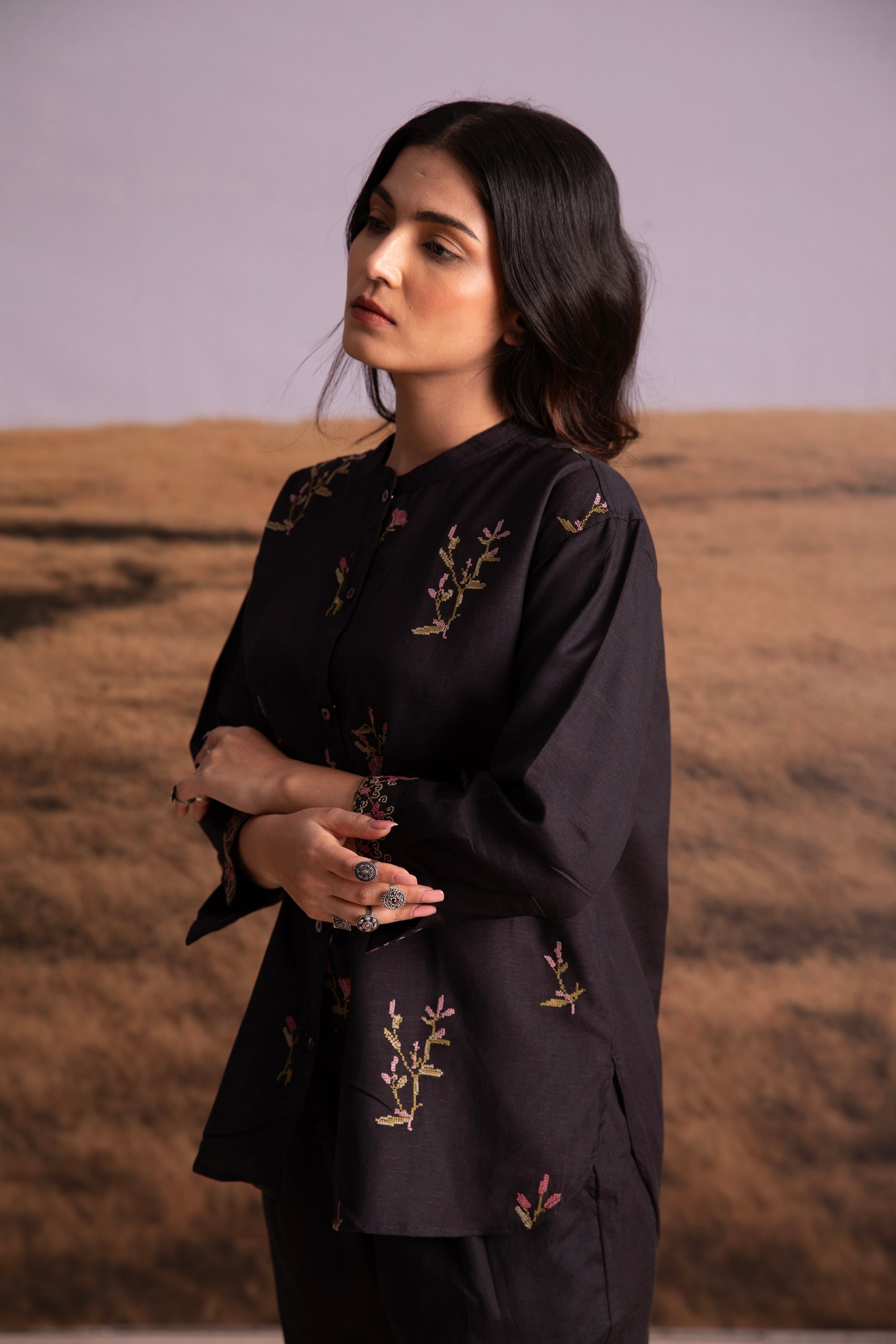 Cross-Stitch Linen Co-ord Set-Black - Mokshaa
