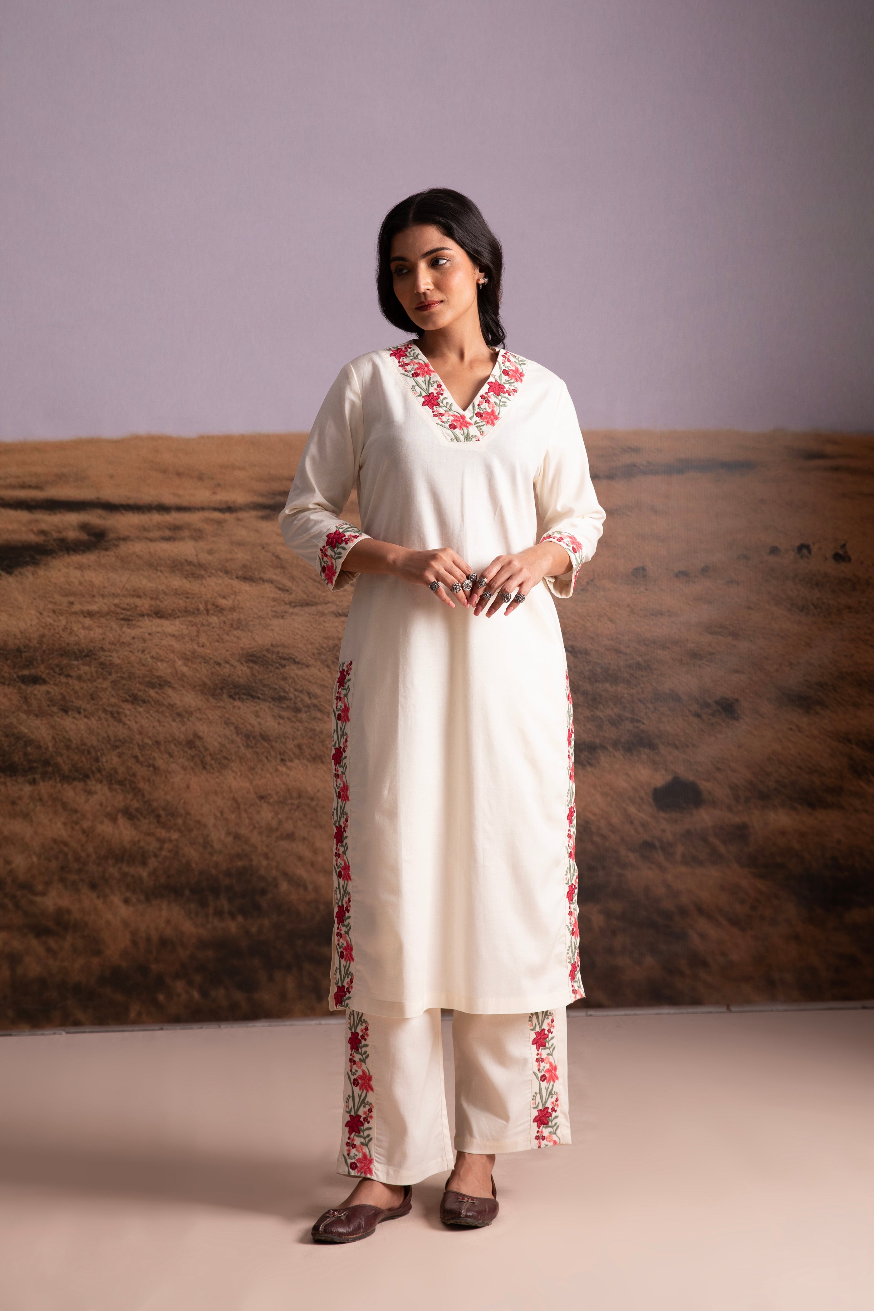 Cream Floral Embroidered Kurta Set - Mokshaa