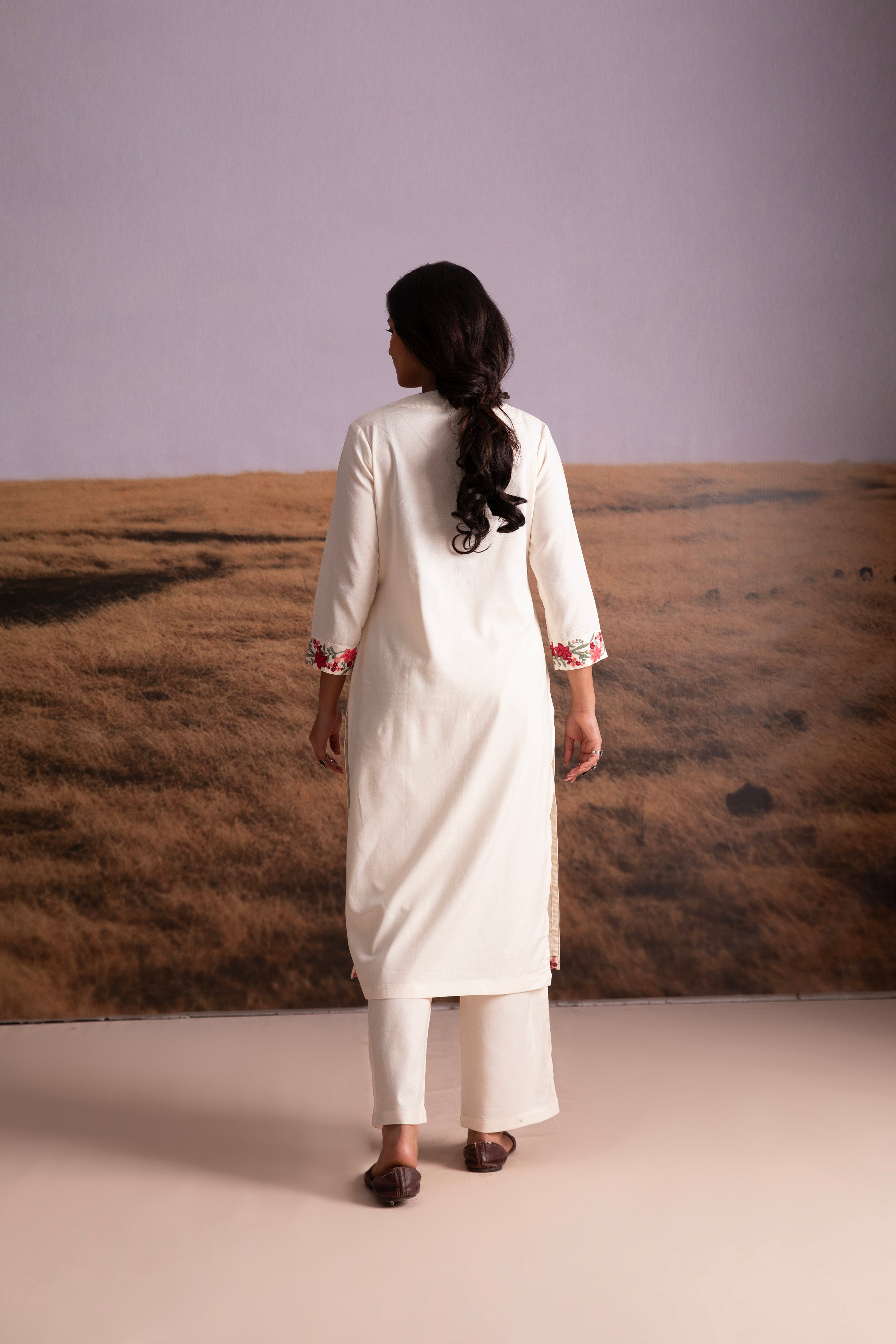Cream Floral Embroidered Kurta Set - Mokshaa
