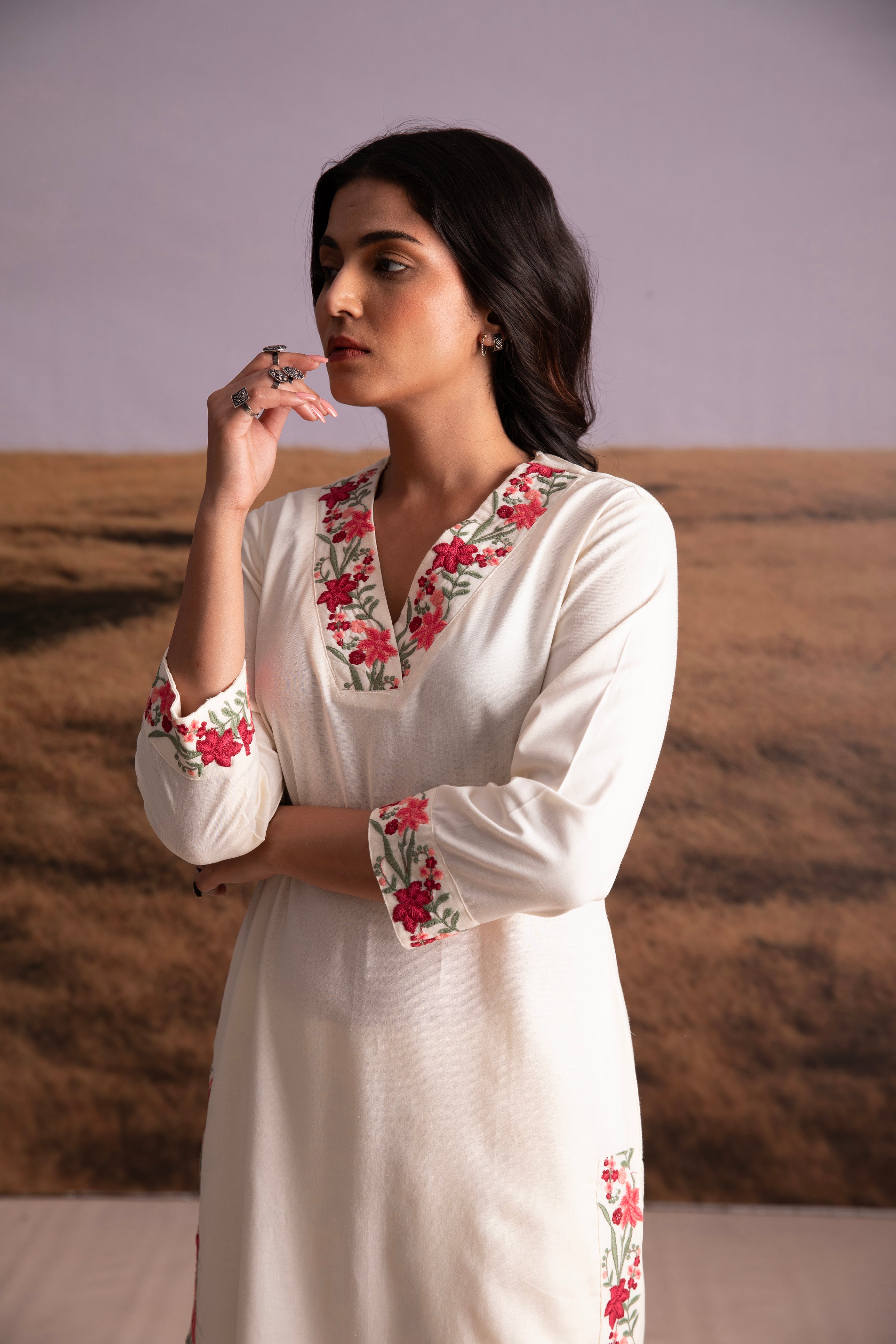 Cream Floral Embroidered Kurta Set - Mokshaa
