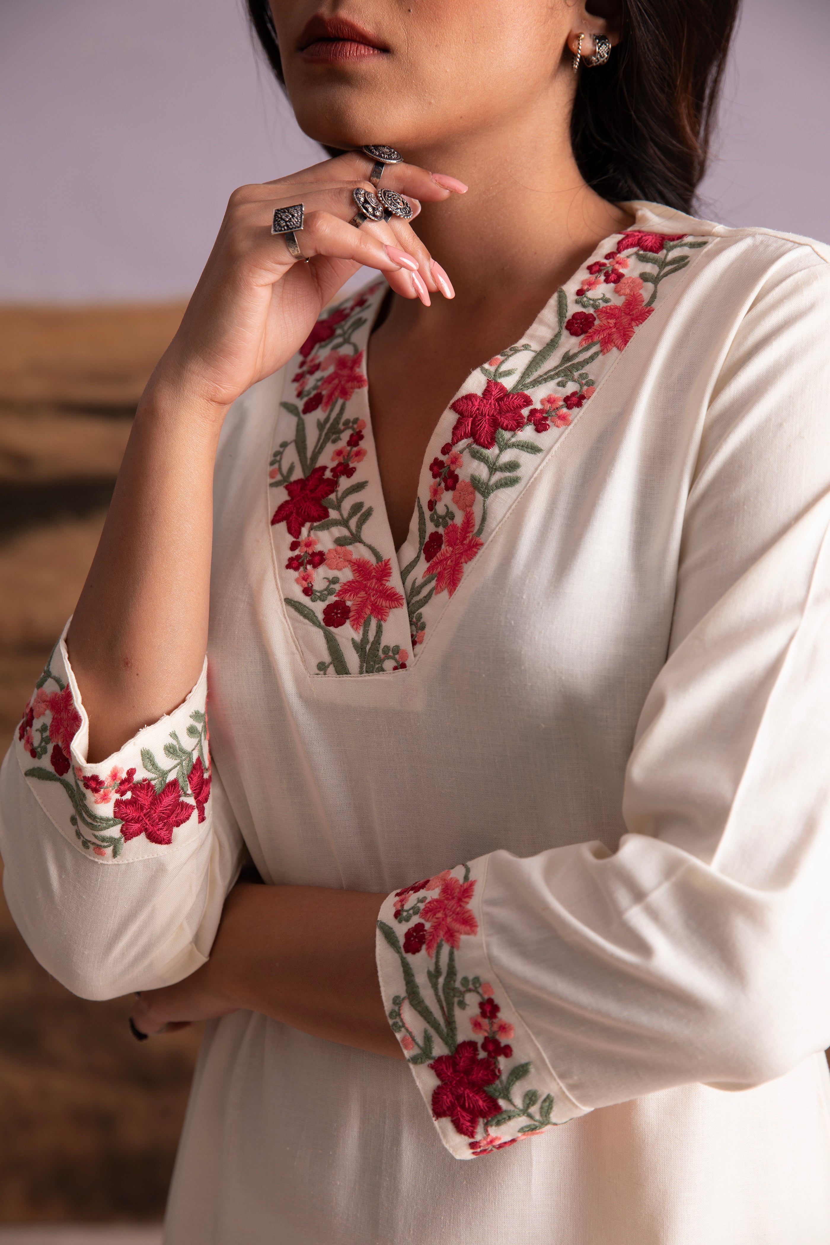 Cream Floral Embroidered Kurta Set - Mokshaa