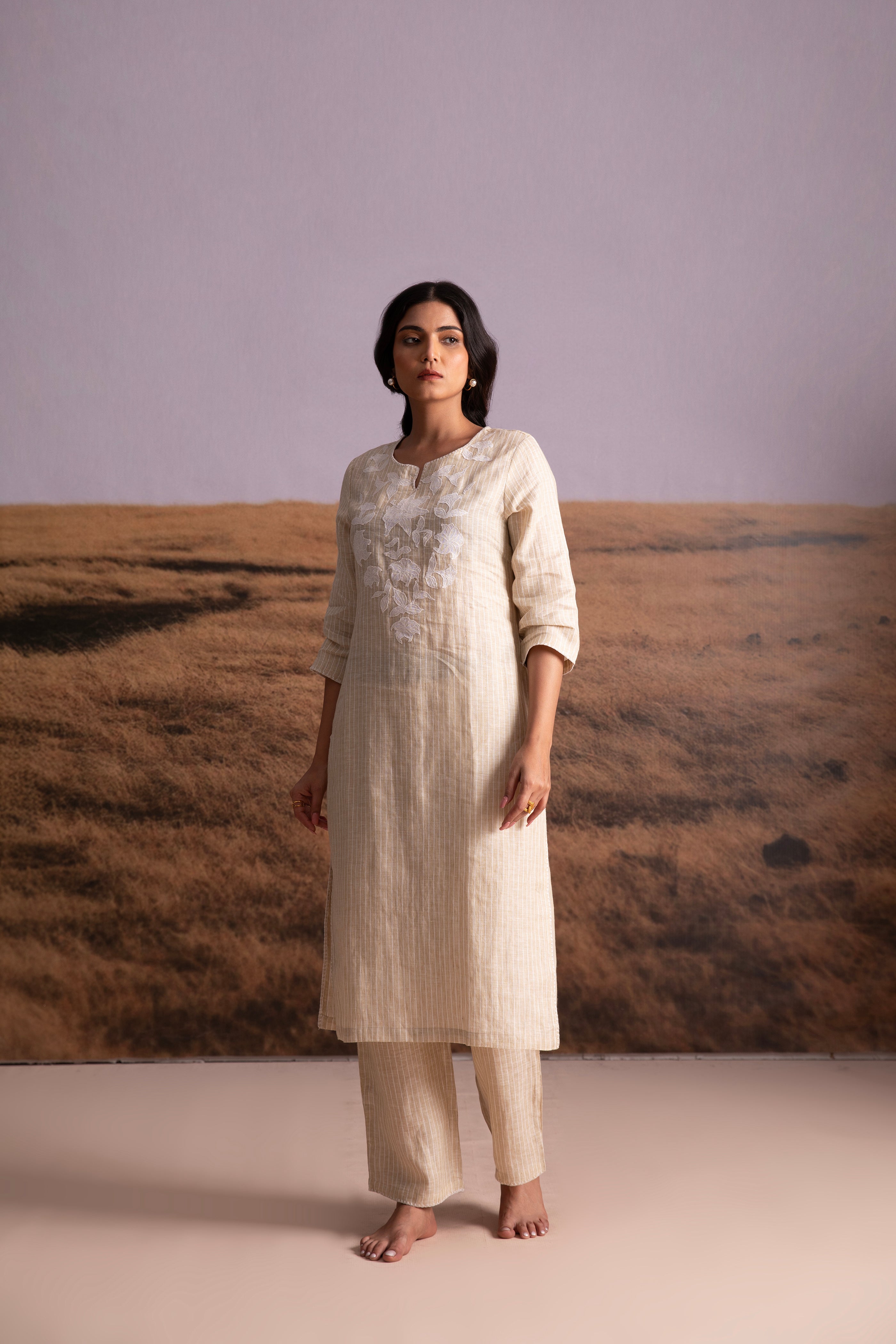 Pure Hemp Striped Applique Kurta Set-Natural - Mokshaa