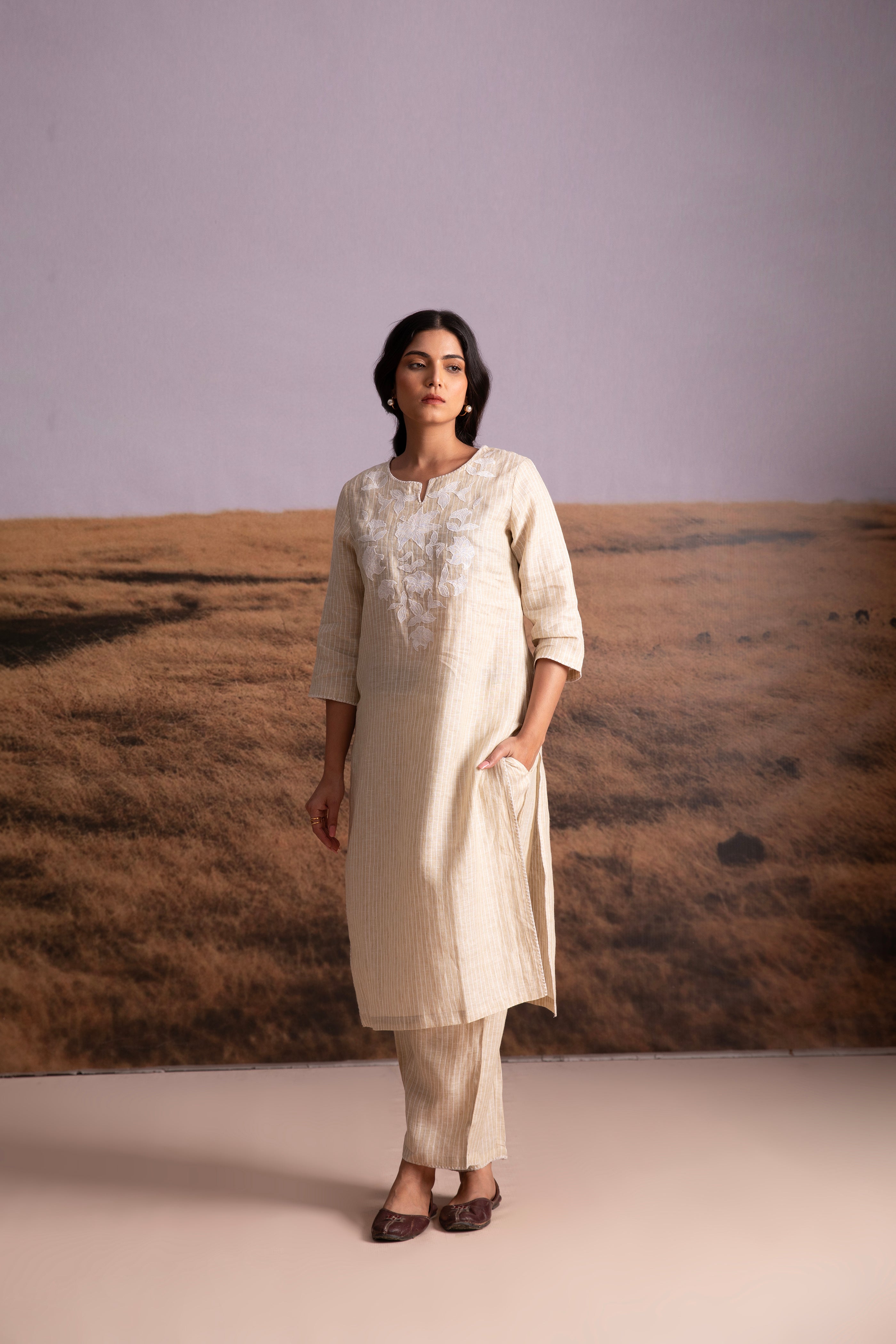Pure Hemp Striped Applique Kurta Set-Natural - Mokshaa