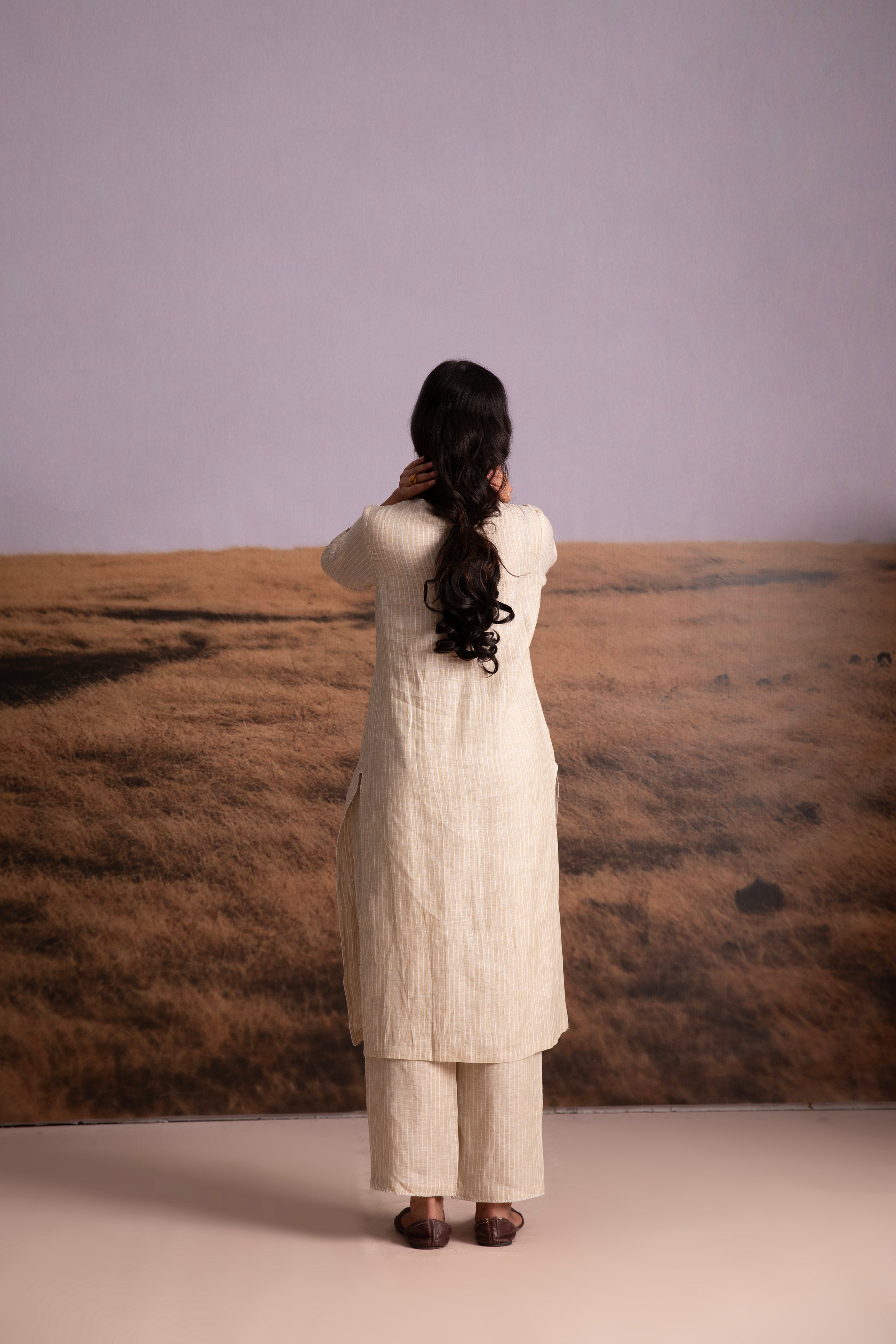 Pure Hemp Striped Applique Kurta Set-Natural - Mokshaa