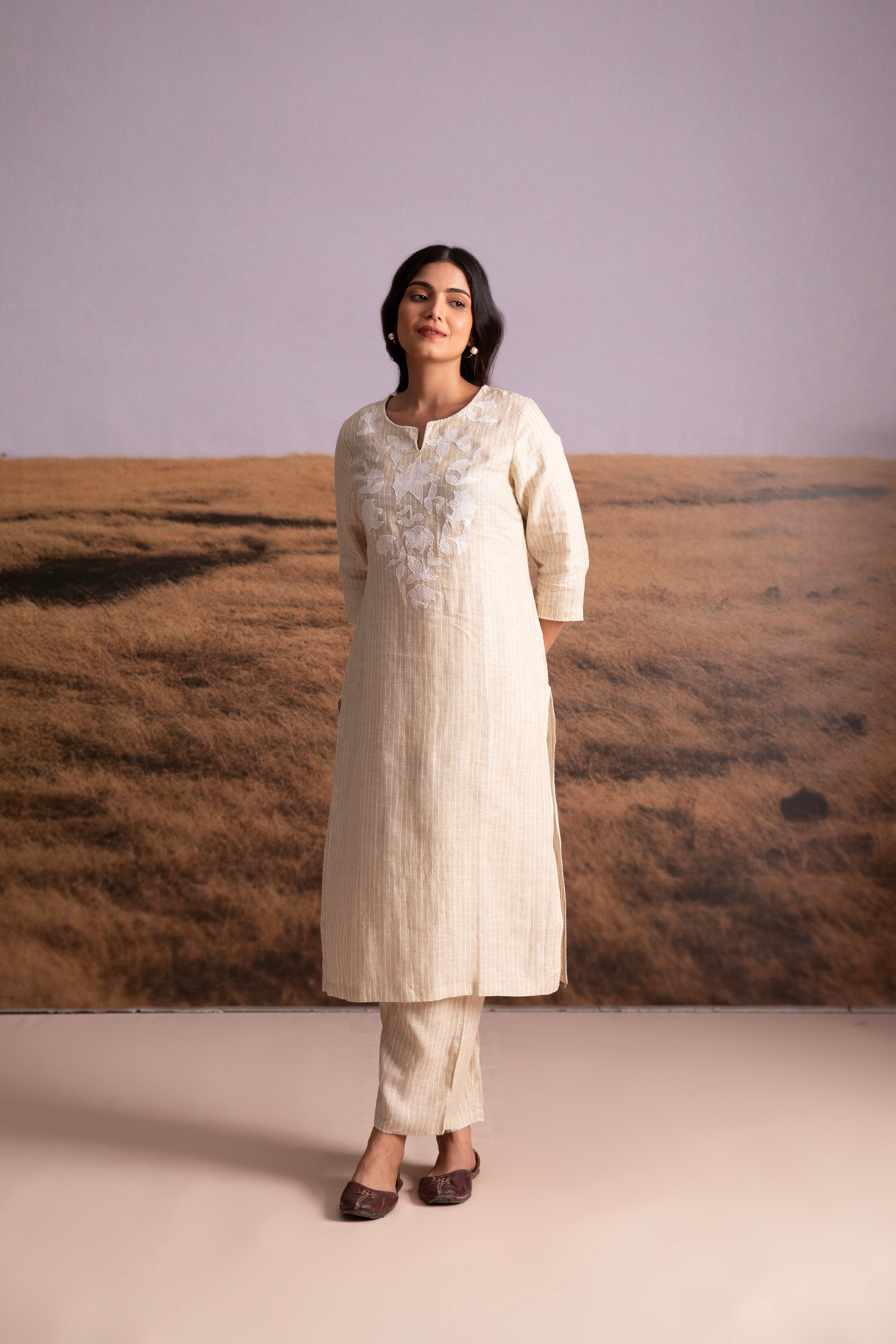 Pure Hemp Striped Applique Kurta Set-Natural - Mokshaa