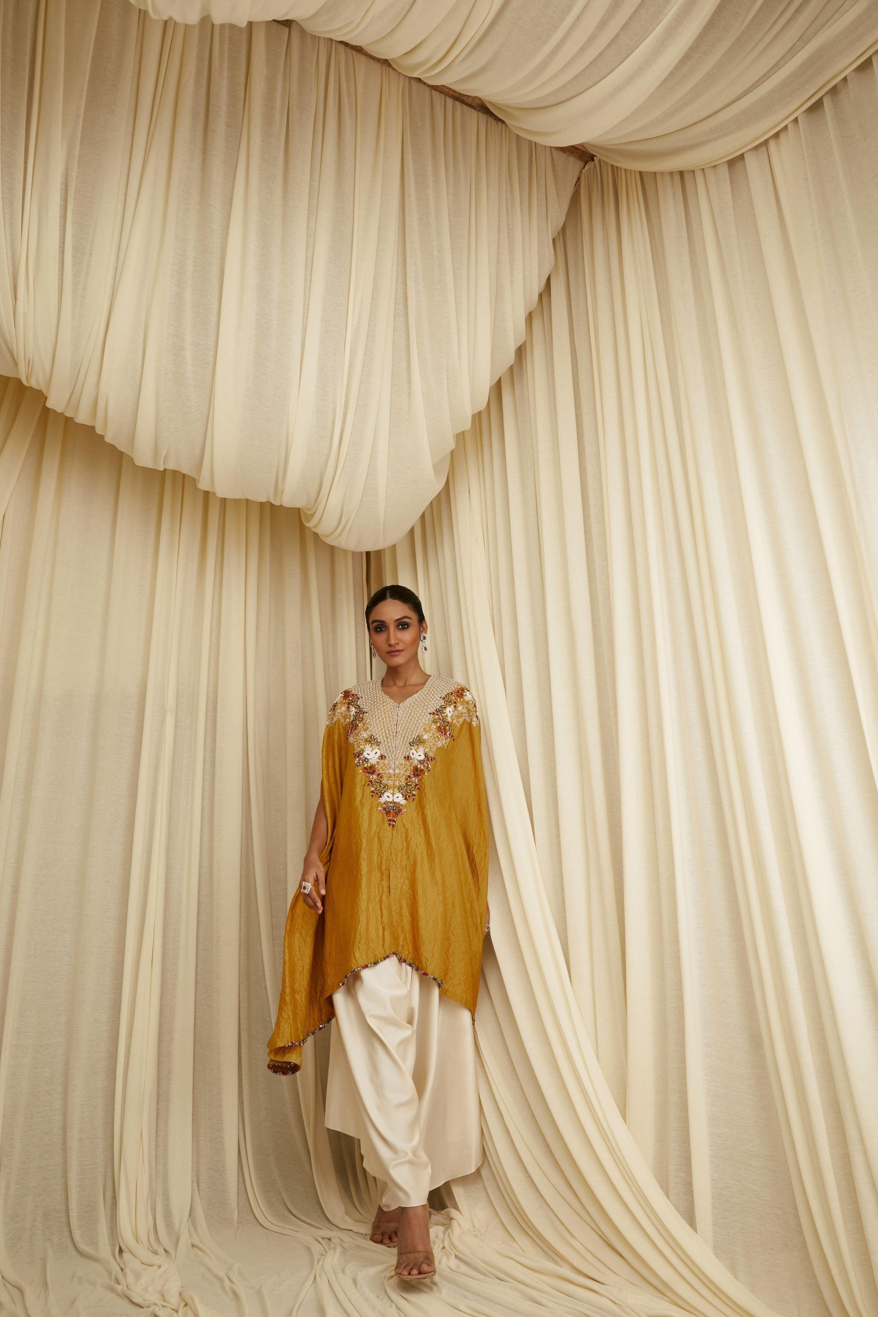 Mustard Multi-Thread Beehive Crushed Kaftan Set Mokshaa