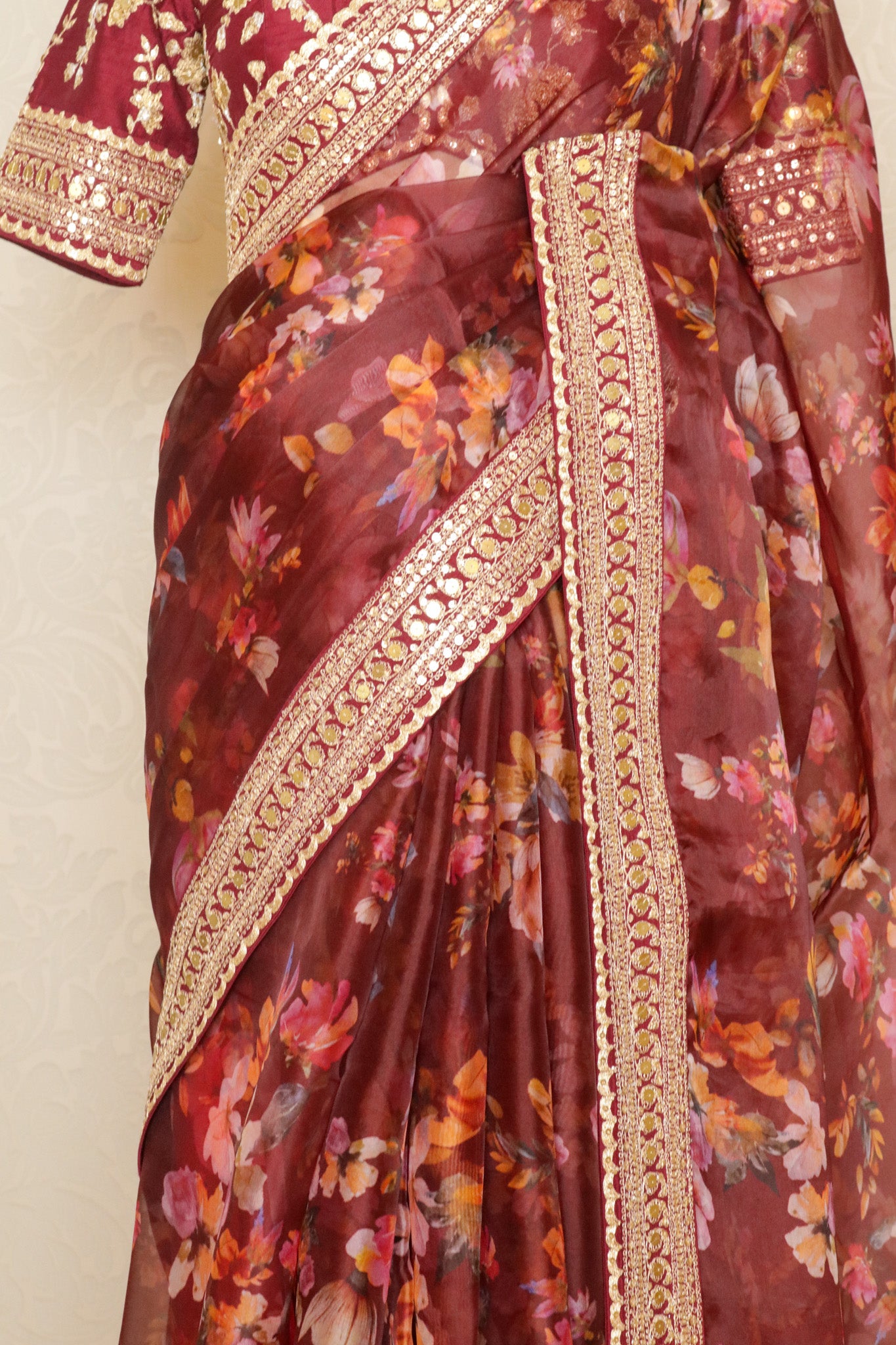 Maroon Organza Saree with Digital Floral Print & Embroidered Blouse