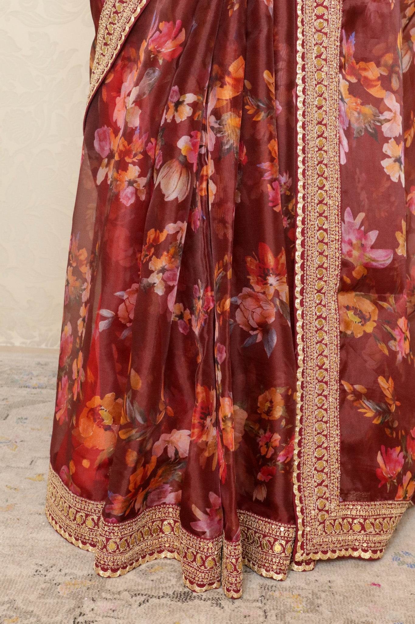 Maroon Organza Saree with Digital Floral Print & Embroidered Blouse