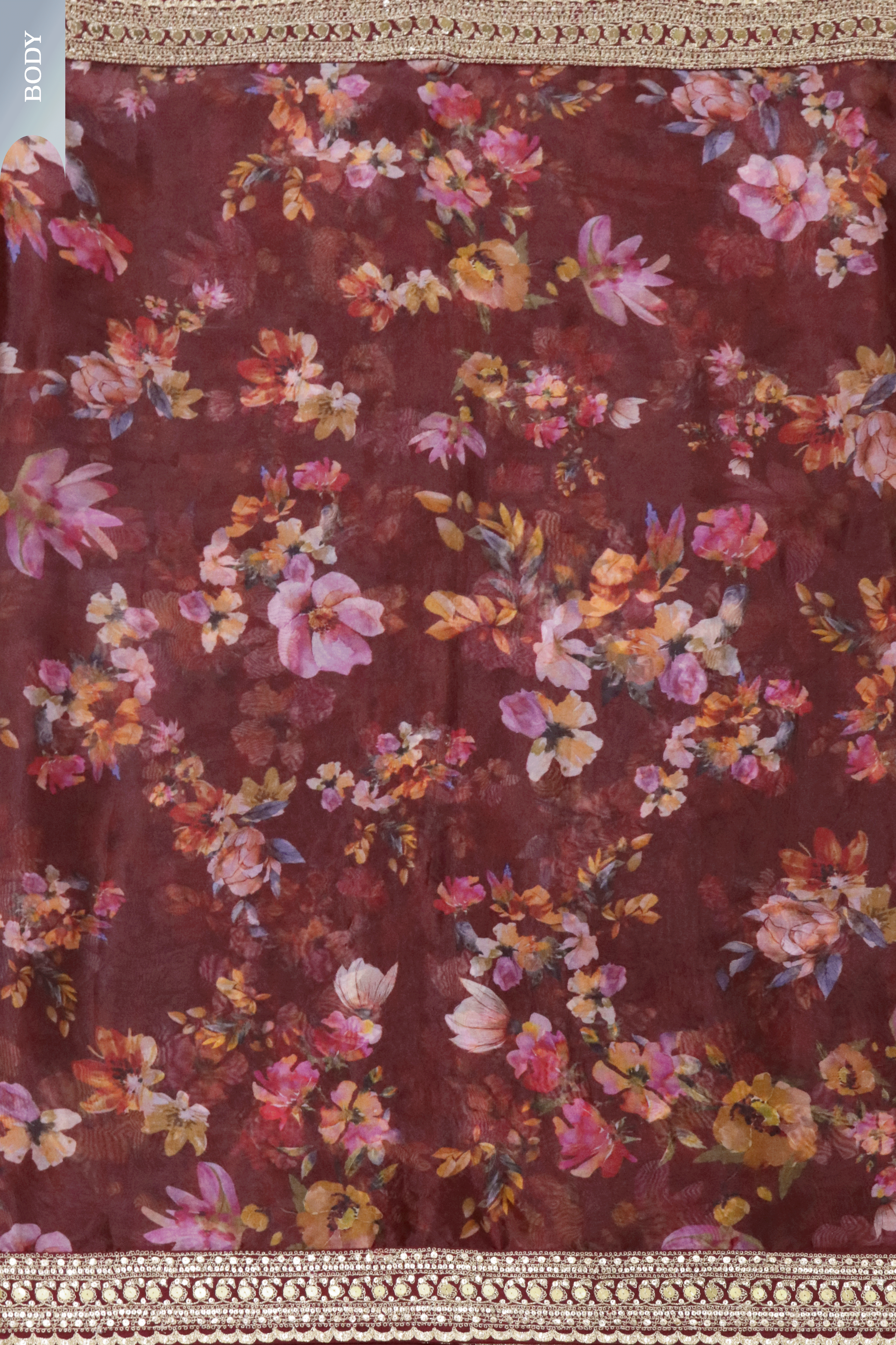 Maroon Organza Saree with Digital Floral Print & Embroidered Blouse