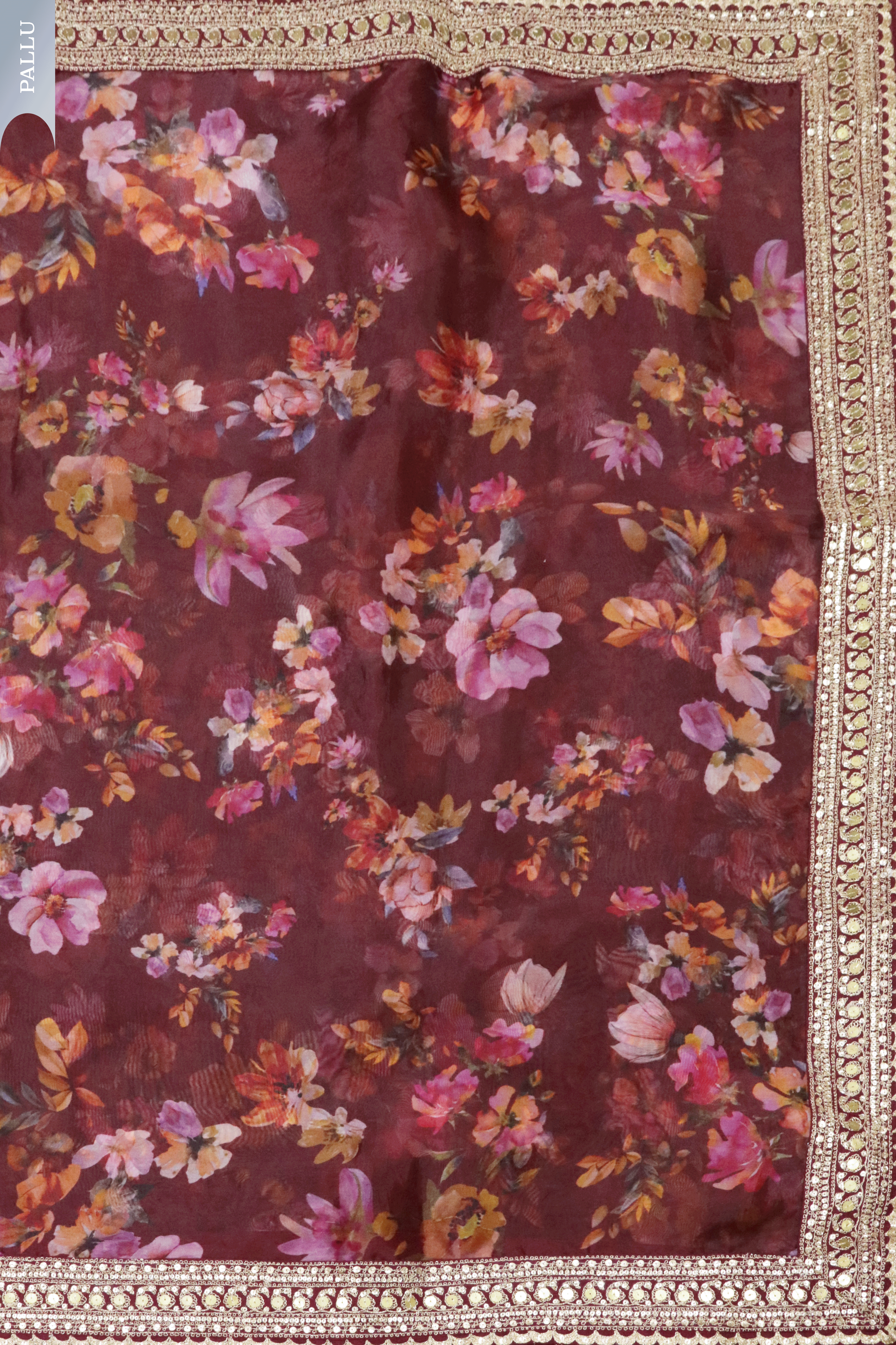 Maroon Organza Saree with Digital Floral Print & Embroidered Blouse