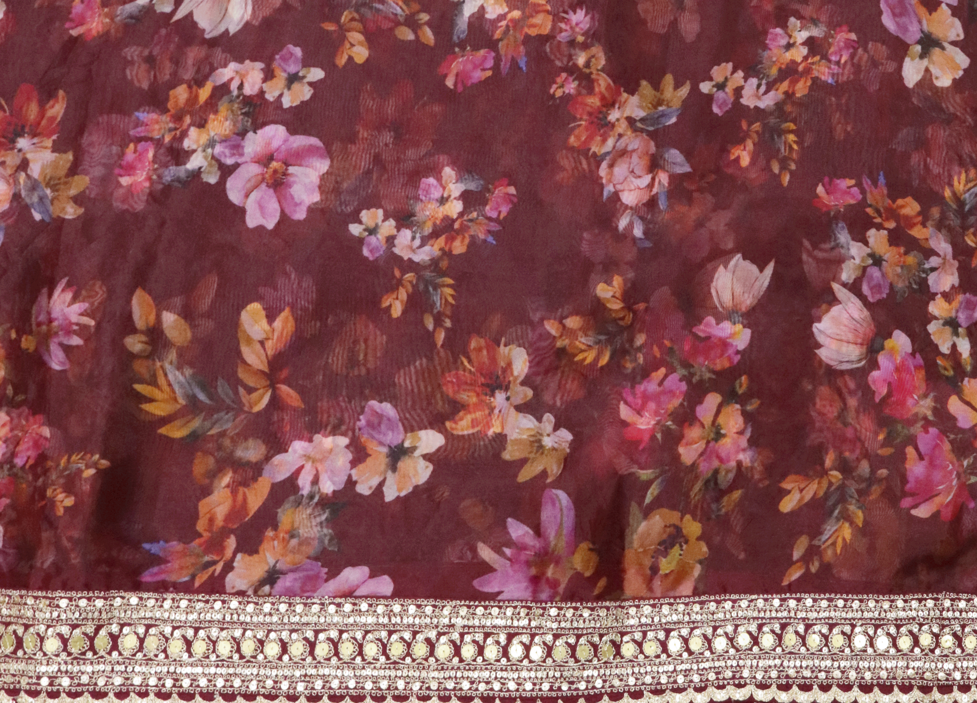 Maroon Organza Saree with Digital Floral Print & Embroidered Blouse
