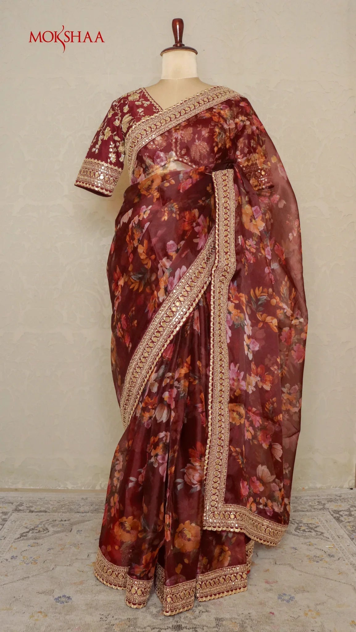 Maroon Organza Saree with Digital Floral Print & Embroidered Blouse | Mokshaa
