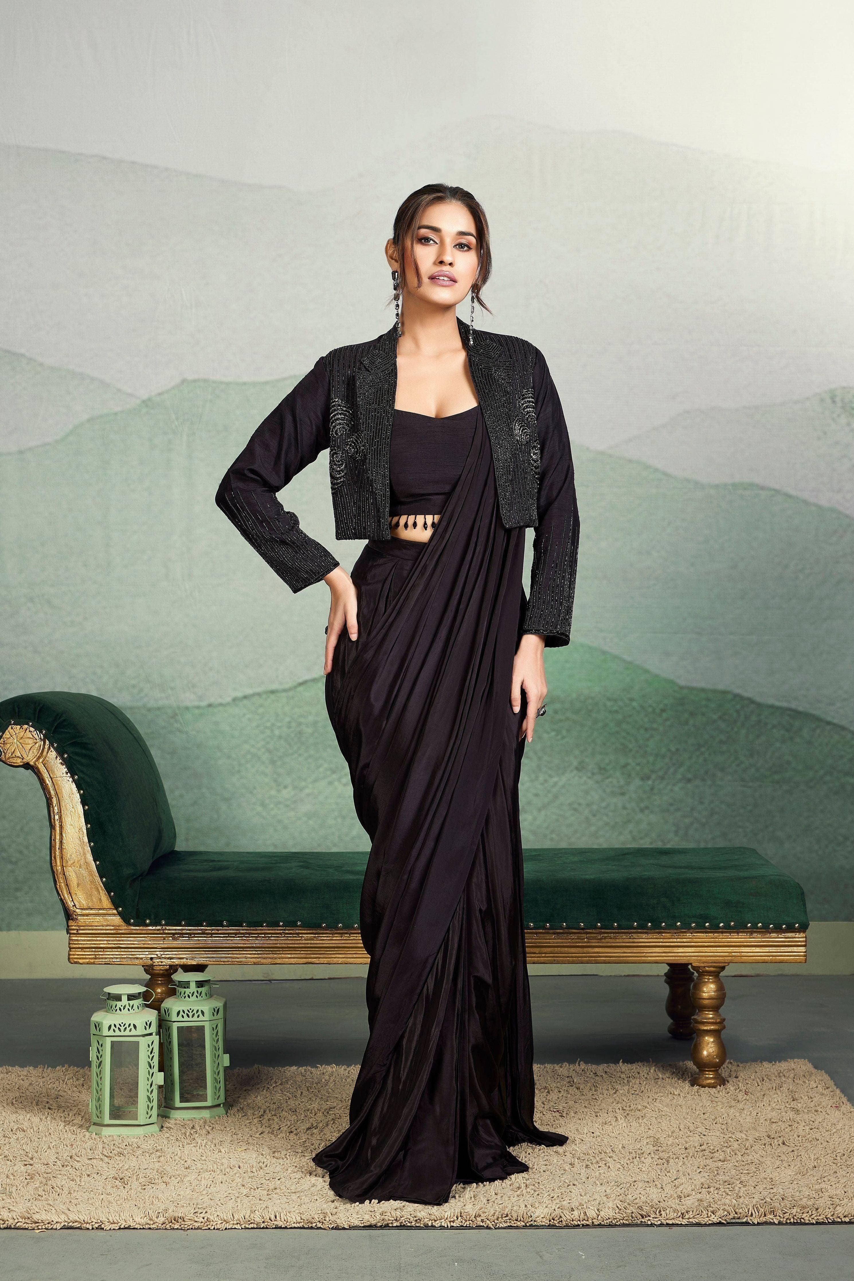 XS Solid Black Embellished Chinon Silk Jacket Saree