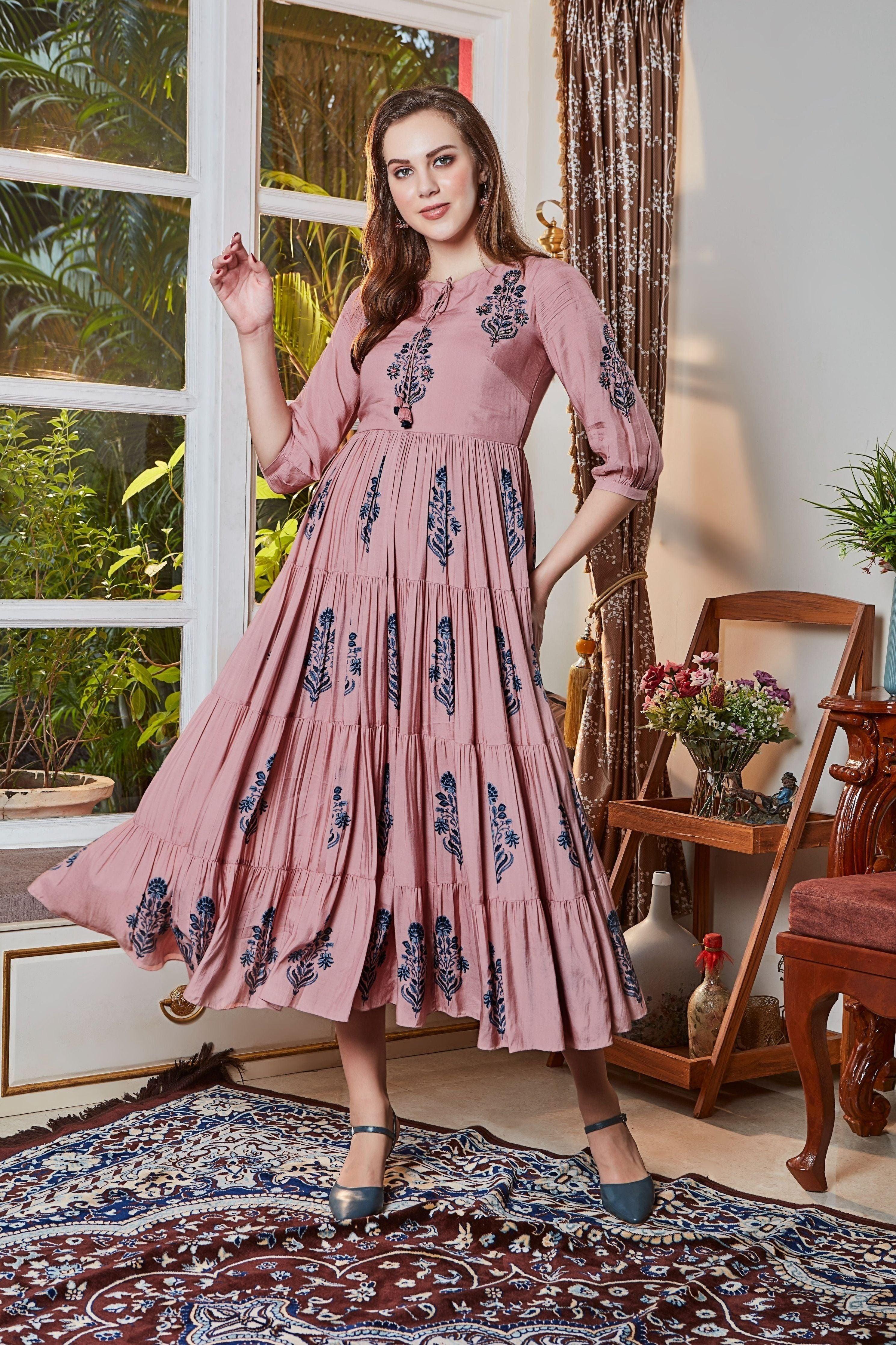 Blush Pink Floral Printed Maxi Dress  Mokshaa