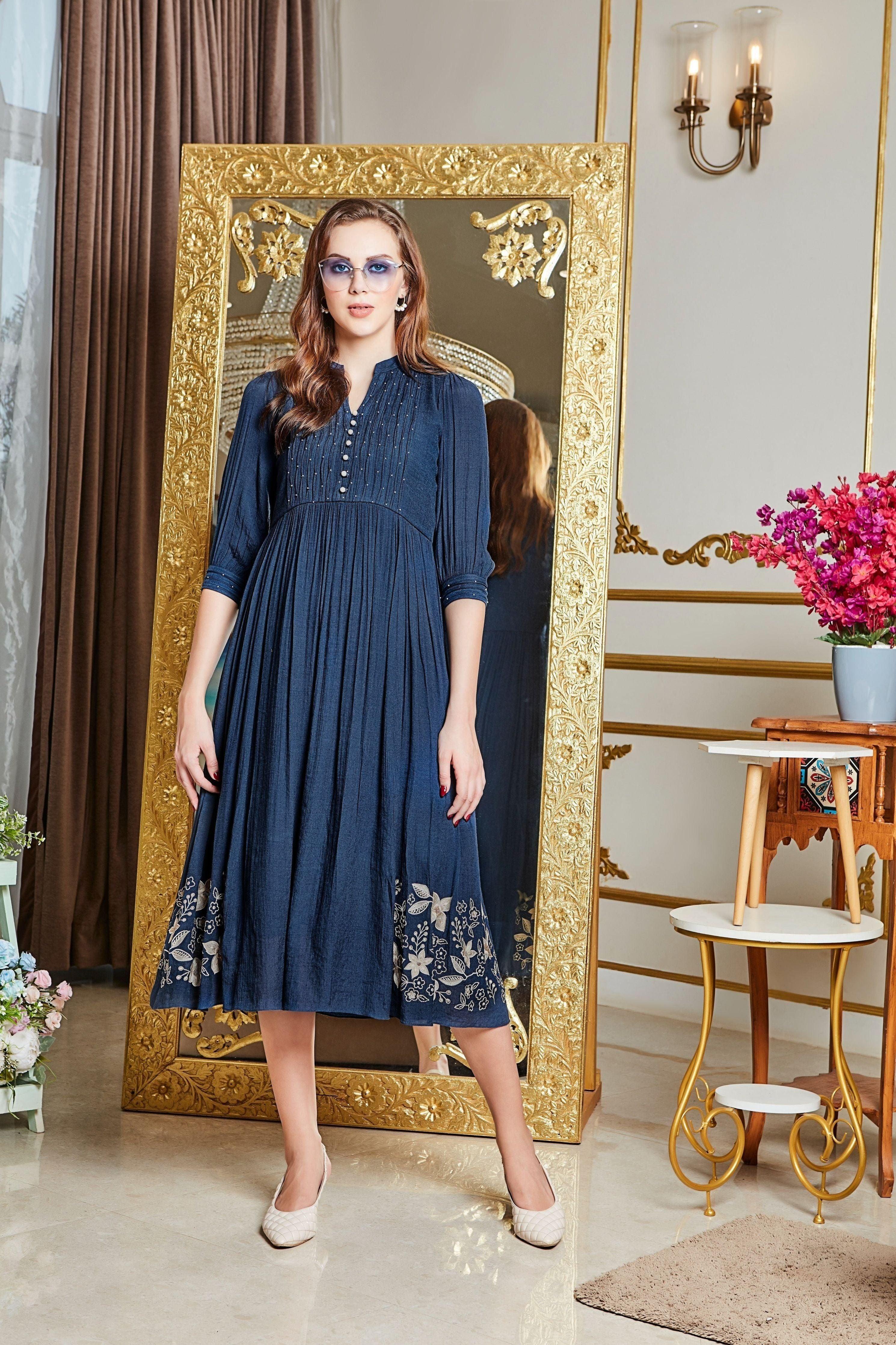 Midnight Blue Embroidered Midi Dress  Mokshaa