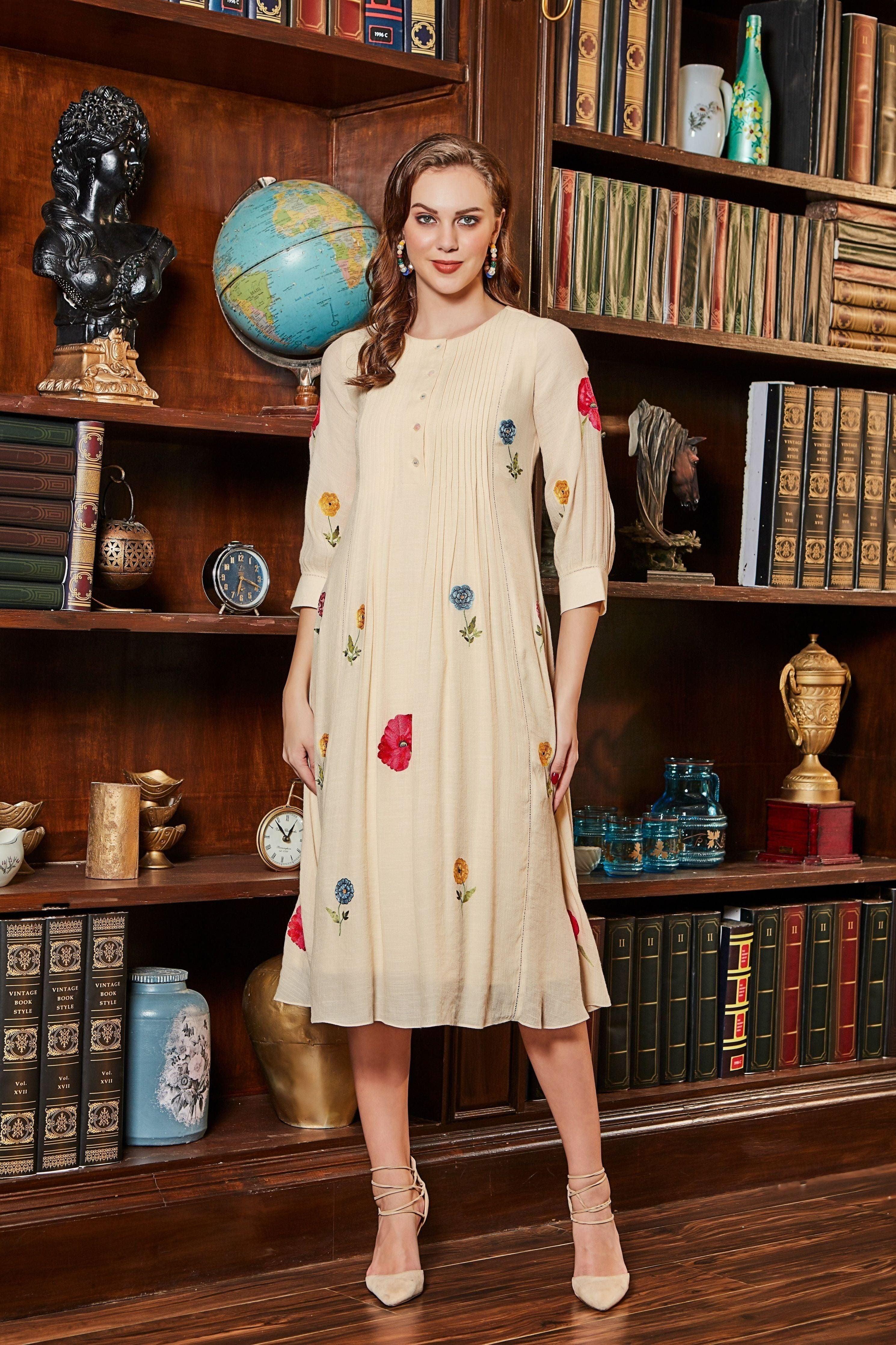 Ivory Floral Embroidered Midi Dress  Mokshaa