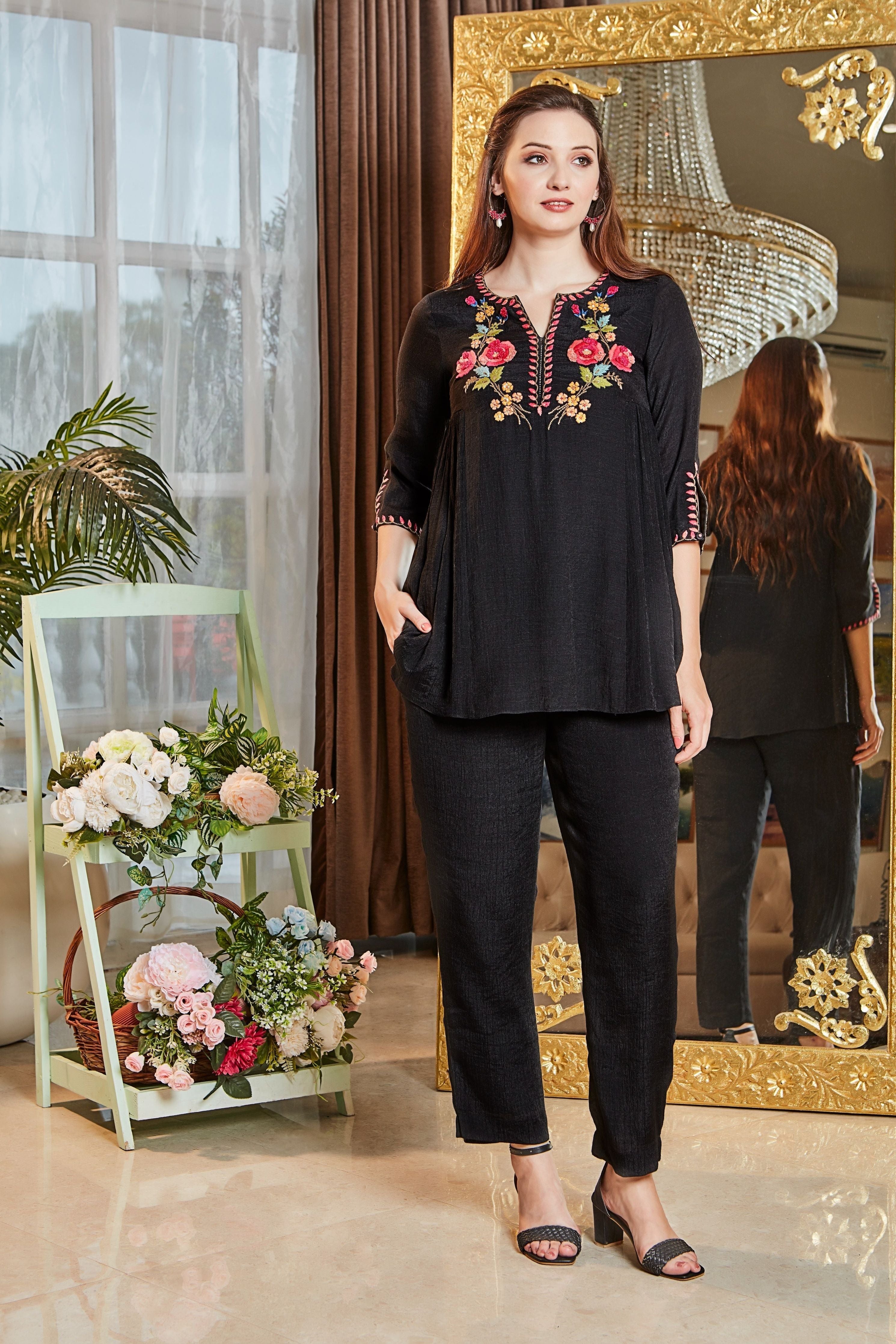 Sophisticated Black Floral Embroidered Co-ord Set Mokshaa